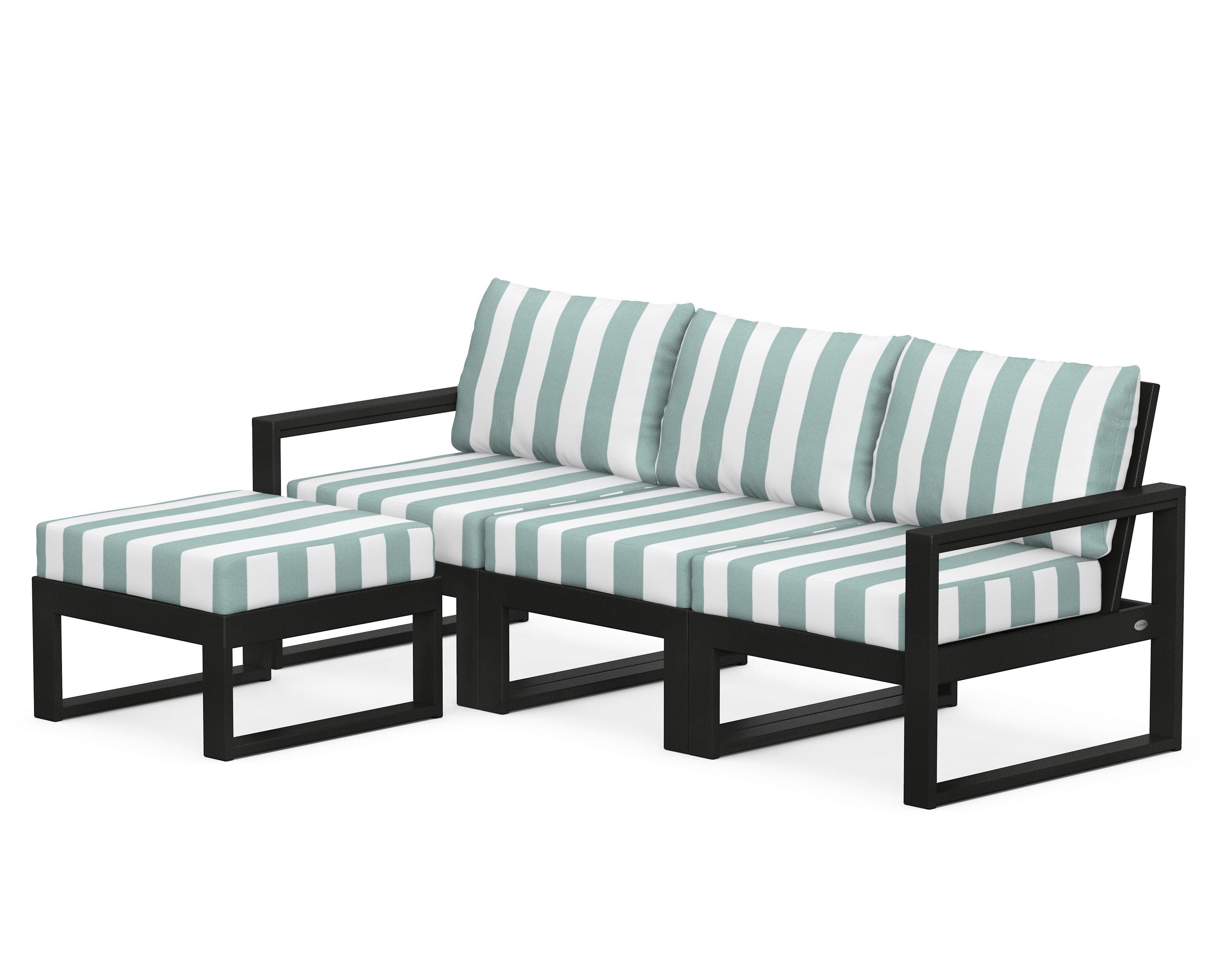 POLYWOOD® EDGE 4-Piece Modular Deep Seating Set with Ottoman in Black / Cabana Stripe Glacier Spa