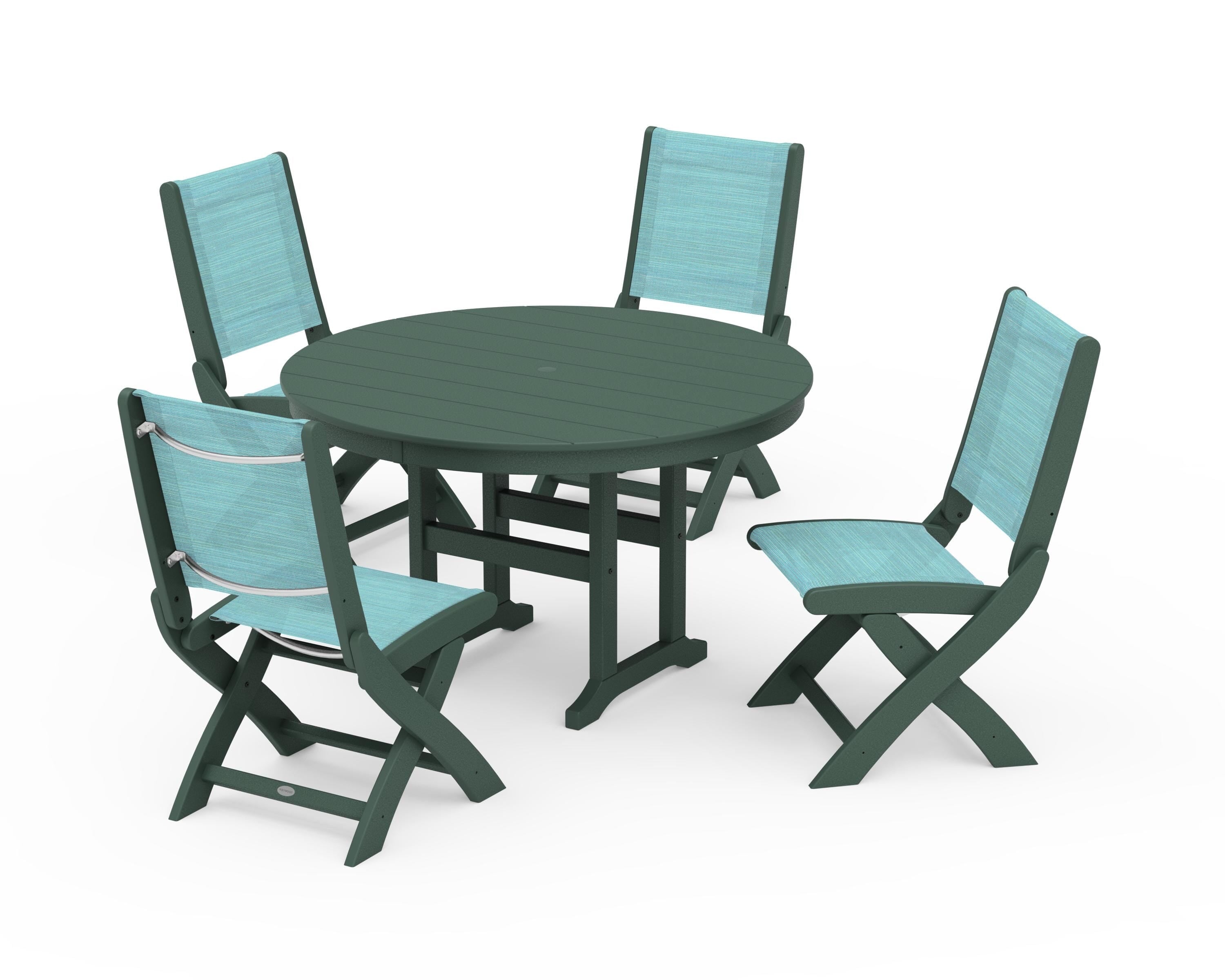POLYWOOD® Coastal Folding Side Chair 5-Piece Round Dining Set in Green / Dupioni Aquamarine Sling