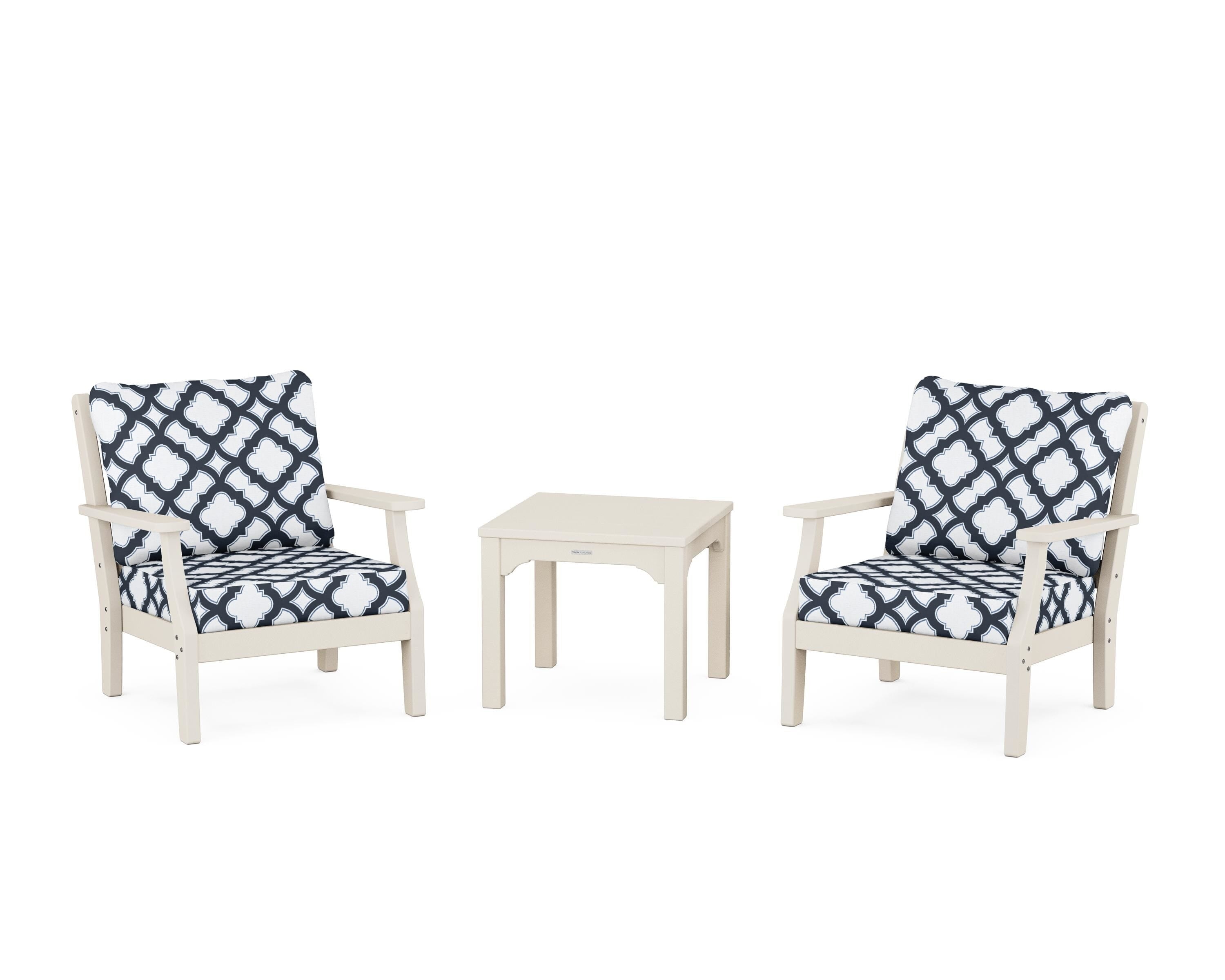 Martha Stewart by POLYWOOD® Chinoiserie 3-Piece Deep Seating Set in Sand / Trellis Marine Indigo