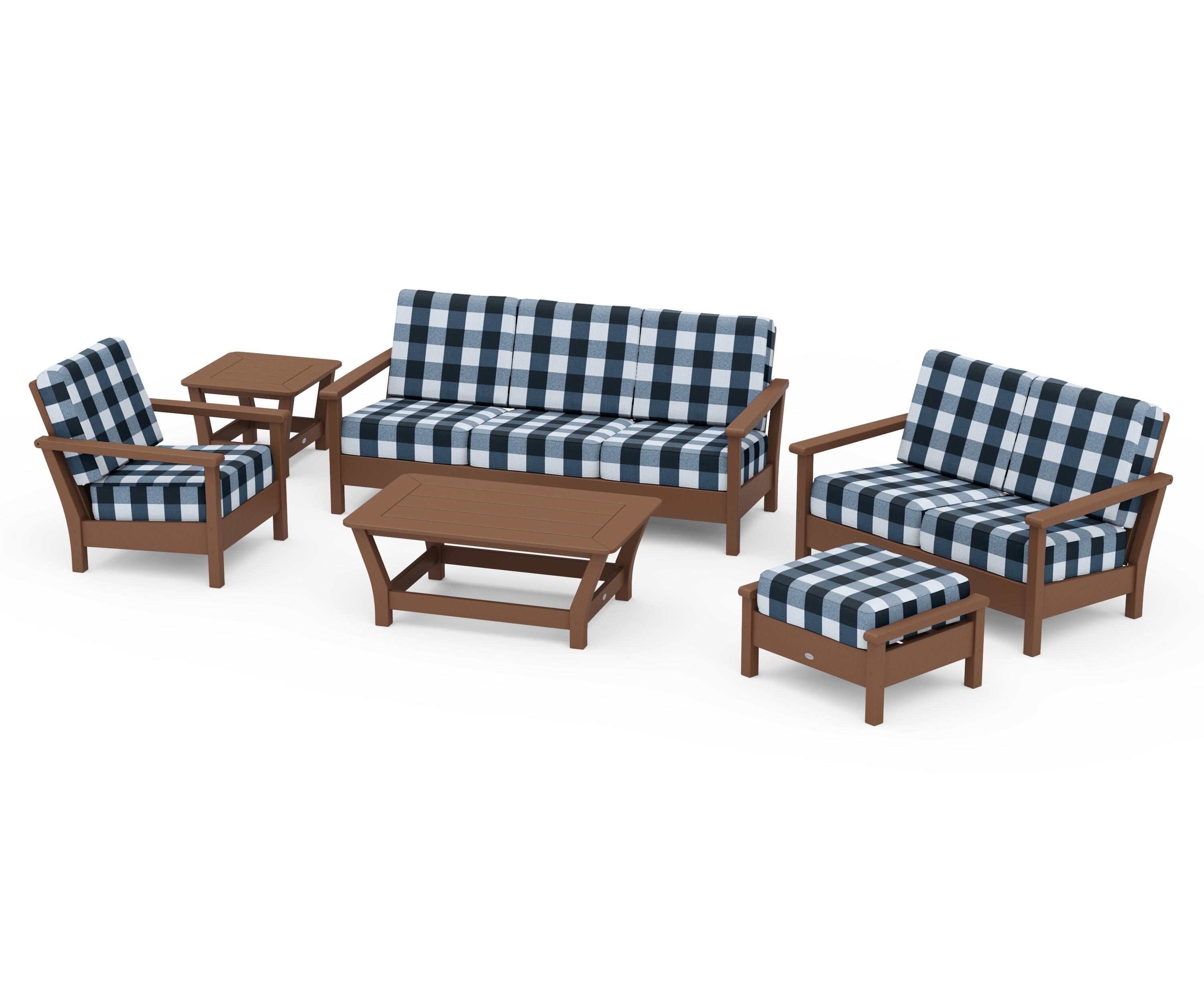 POLYWOOD® Harbour 6-Piece Outdoor Living Set in Teak / Buffalo Plaid Marine Indigo