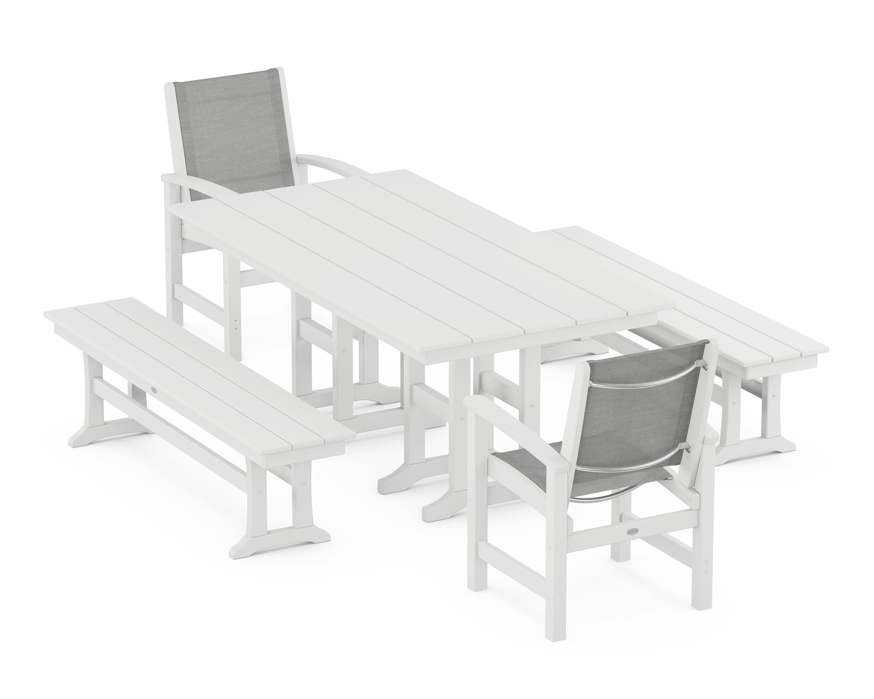 POLYWOOD® Coastal 5-Piece Farmhouse Dining Set in White / Metallic Sling