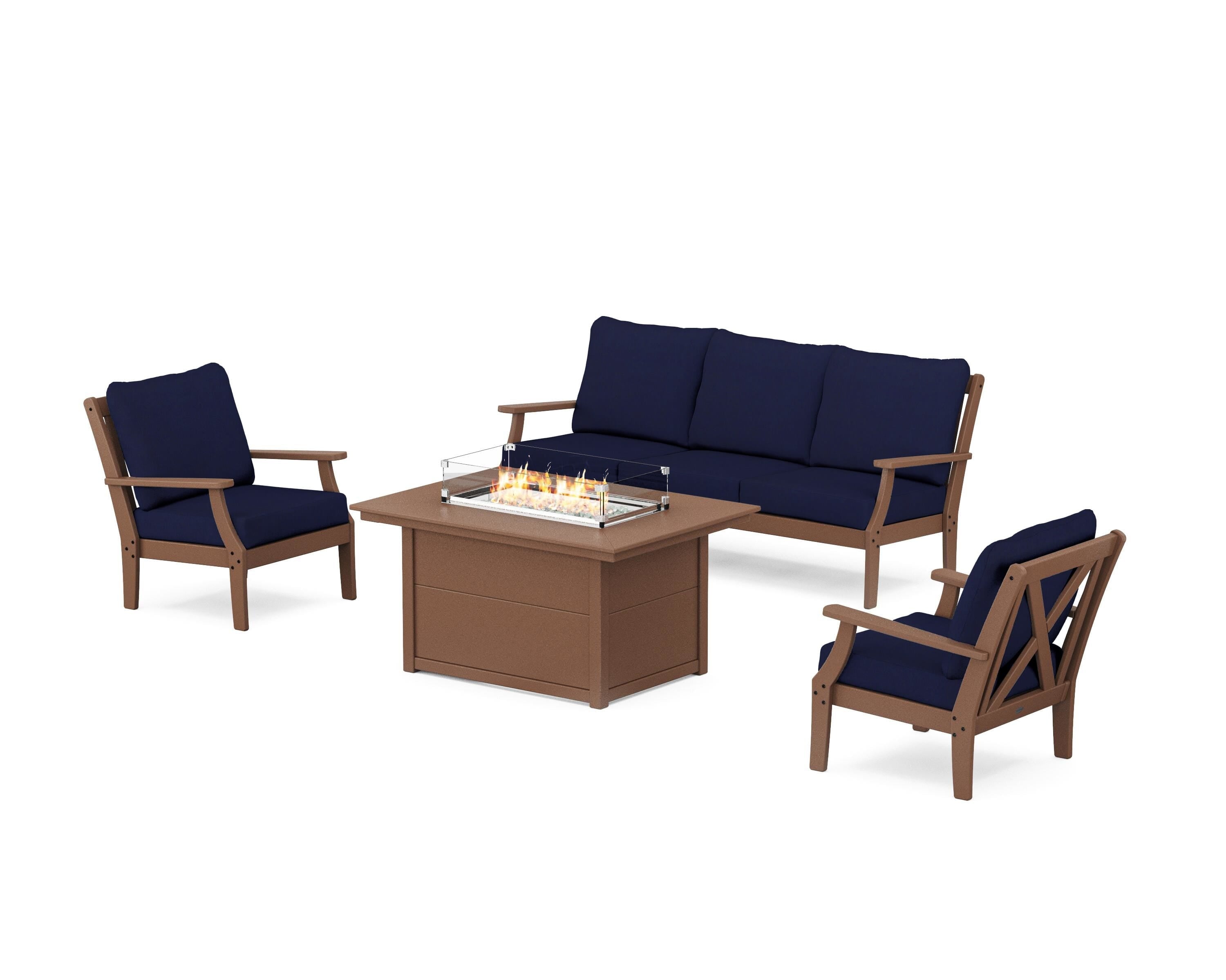 POLYWOOD® Braxton Deep Seating Fire Pit Table Set in Teak / Navy