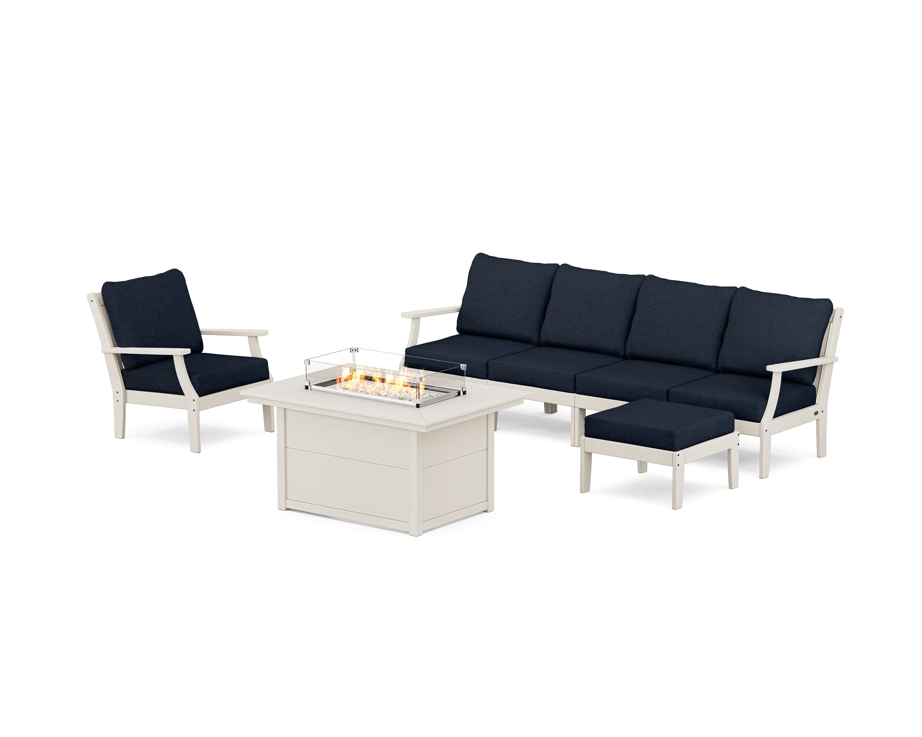 POLYWOOD® Braxton Sectional Lounge and Fire Pit Set in Sand / Marine Indigo
