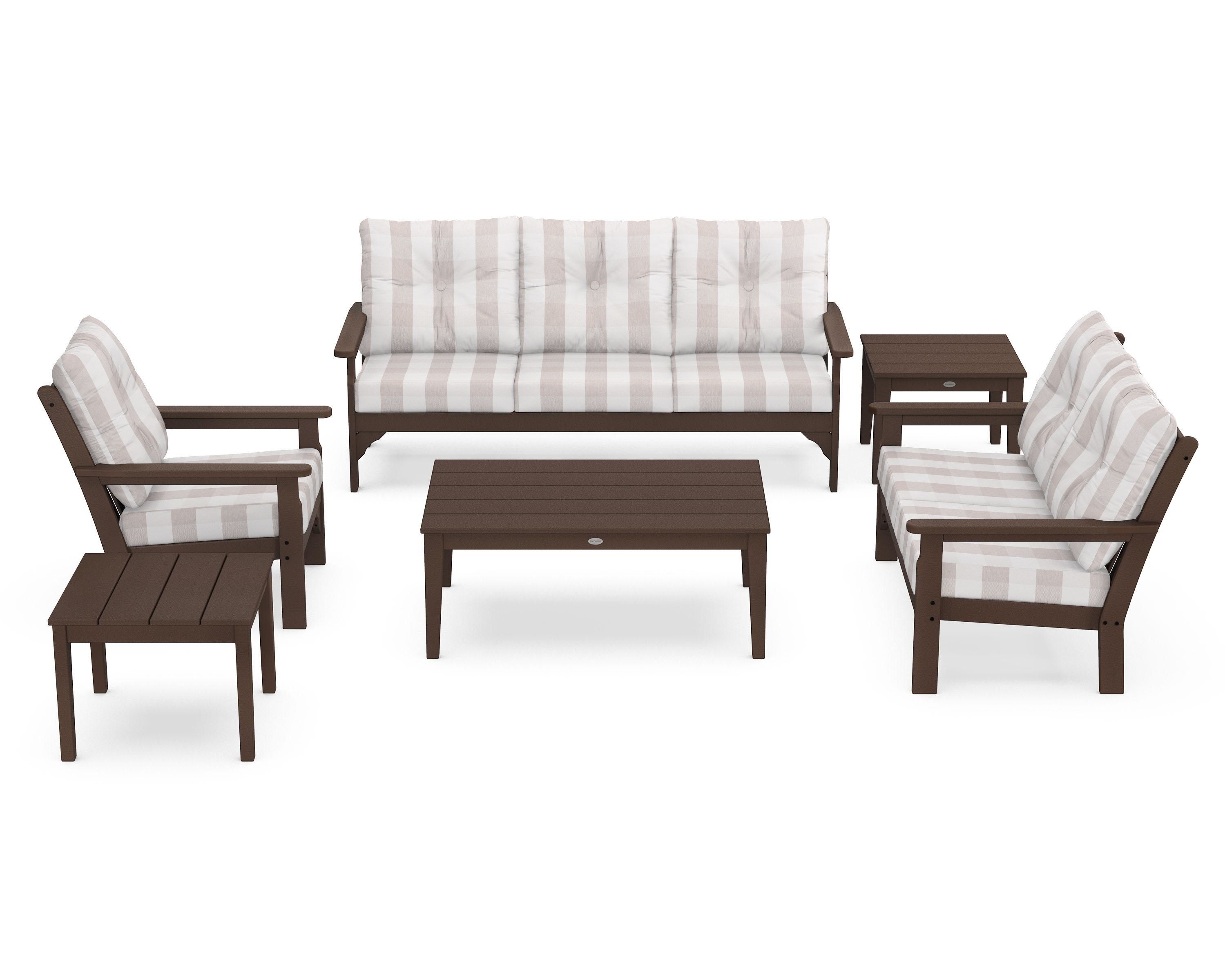 POLYWOOD® Vineyard 6-Piece Deep Seating Set in Mahogany / Buffalo Plaid Dune Burlap