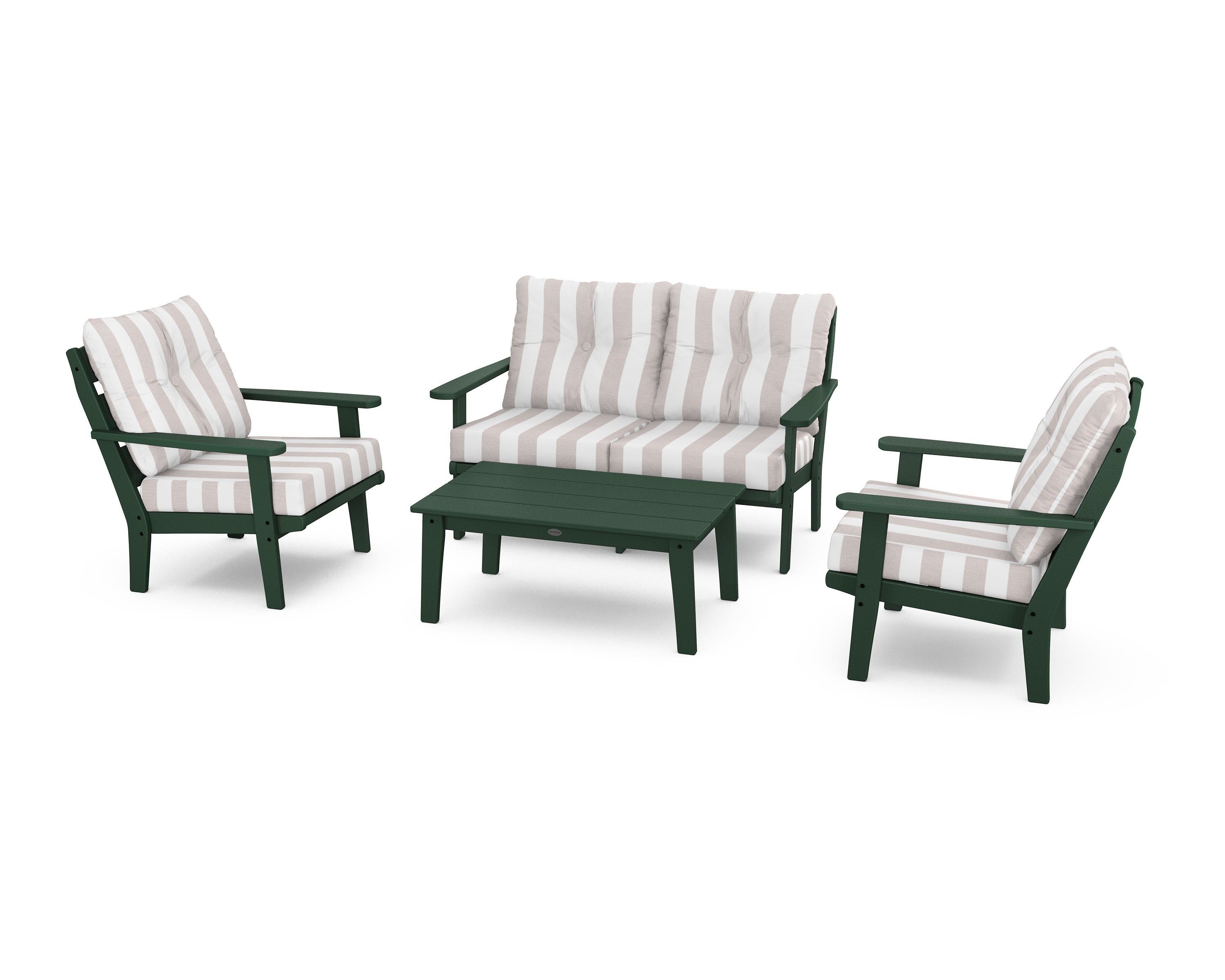 POLYWOOD® Lakeside 4-Piece Deep Seating Set in Green / Cabana Stripe Dune Burlap