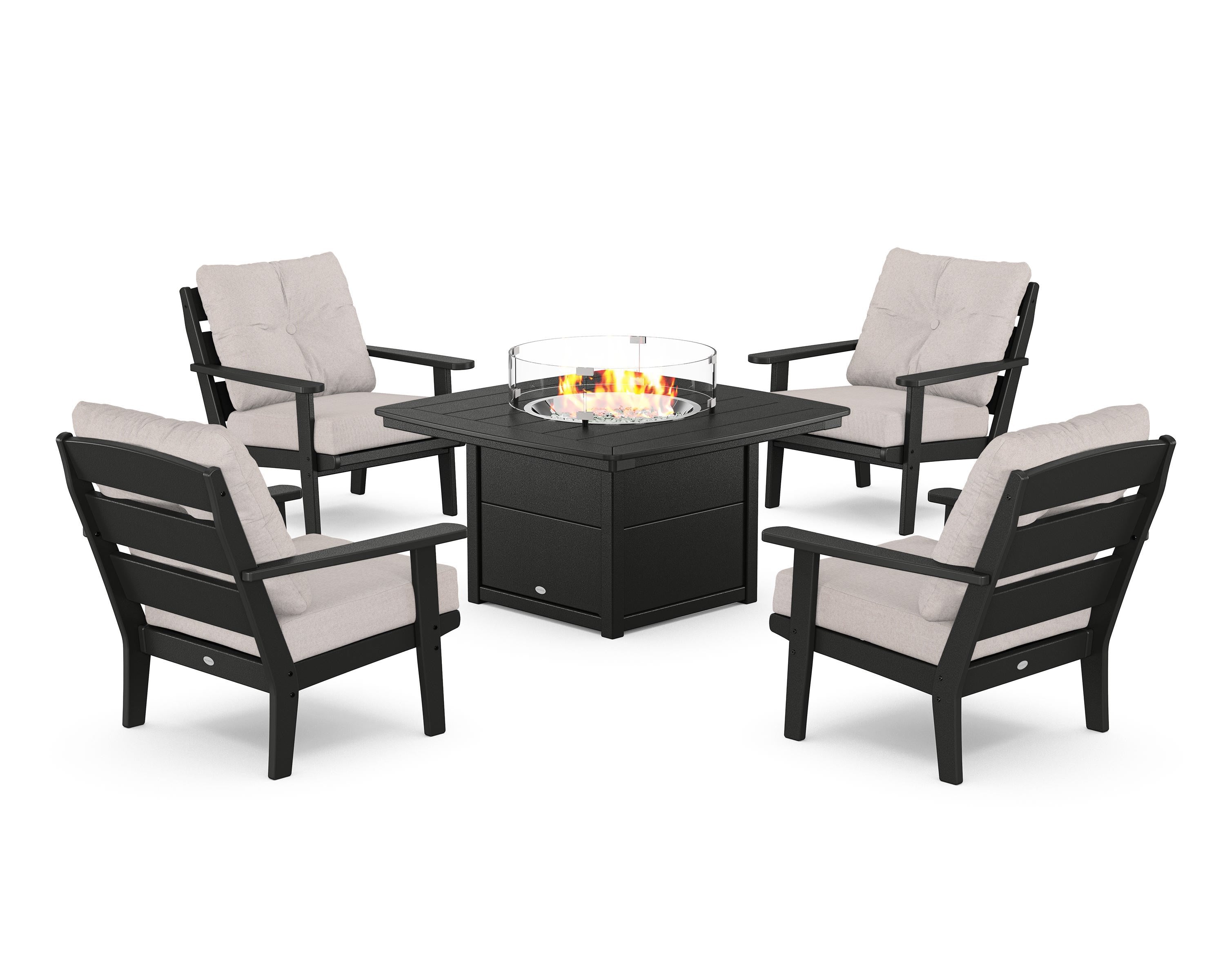 POLYWOOD® Lakeside 5-Piece Deep Seating Set with Nautical Fire Pit Table in Black / Dune Burlap