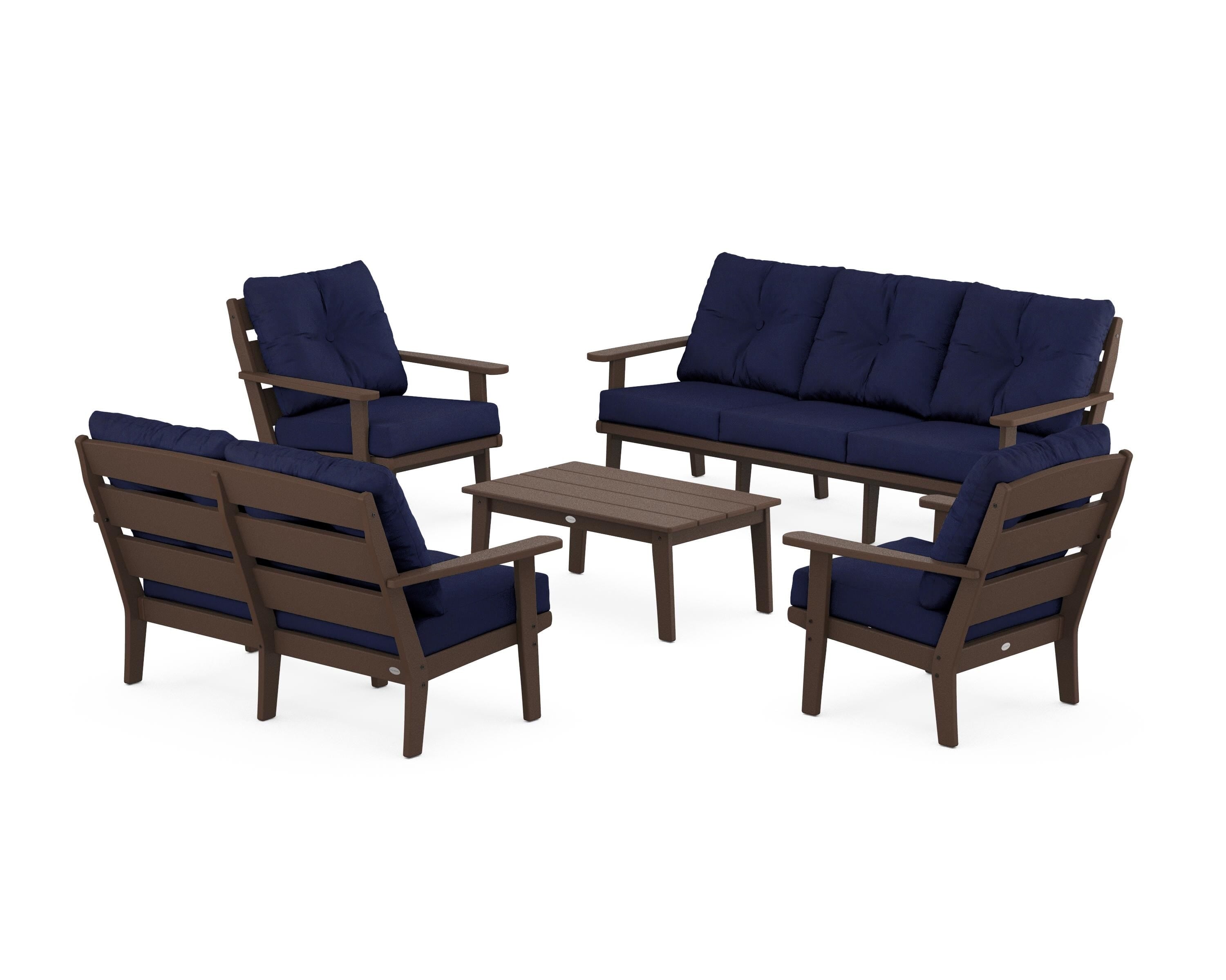 POLYWOOD® Lakeside 5-Piece Lounge Sofa Set in Mahogany / Navy