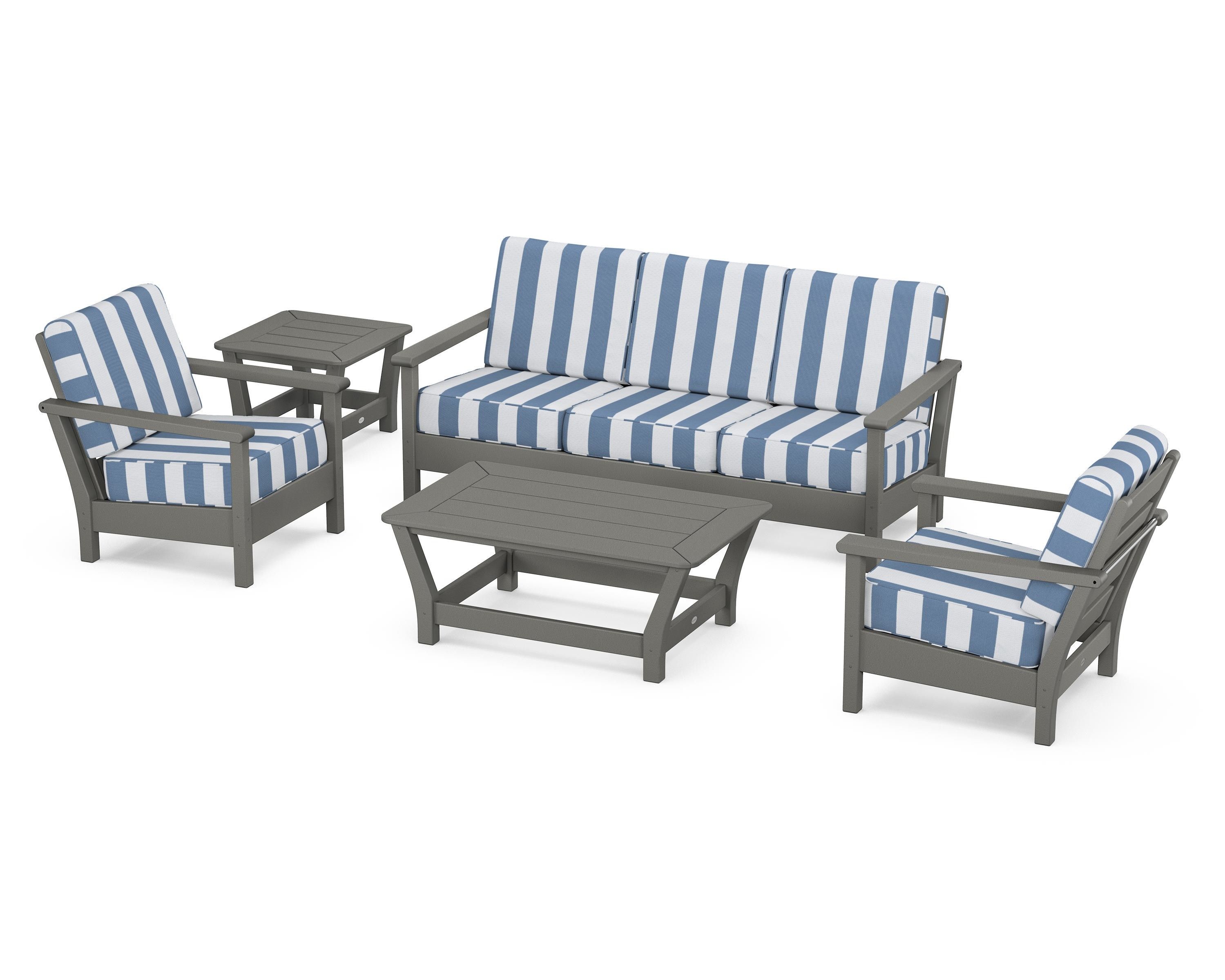 POLYWOOD® Harbour 5-Piece Deep Seating Set in Slate Grey / Cabana Stripe Sky Blue