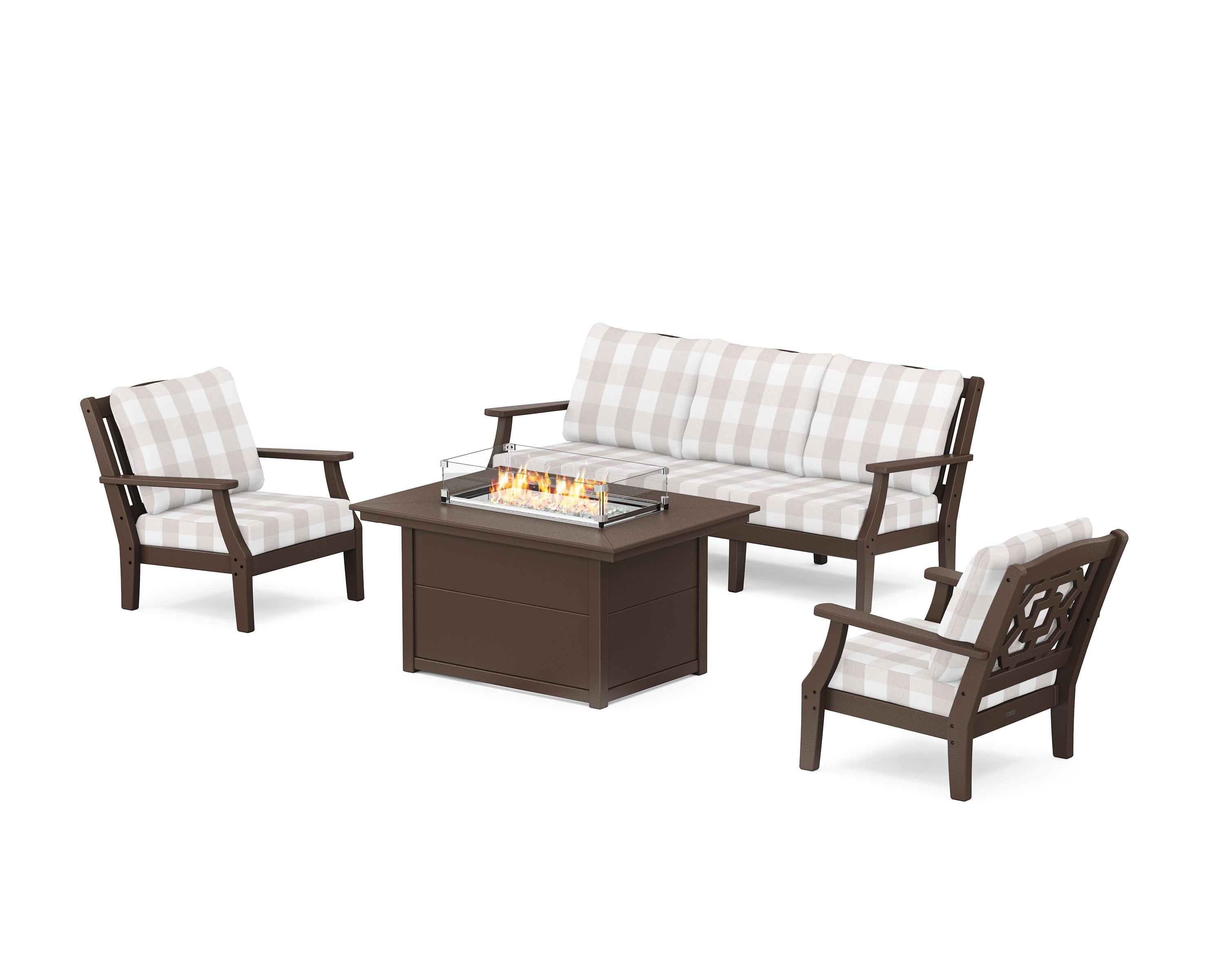 Martha Stewart by POLYWOOD® Chinoiserie Deep Seating Fire Pit Table Set in Mahogany / Buffalo Plaid Dune Burlap