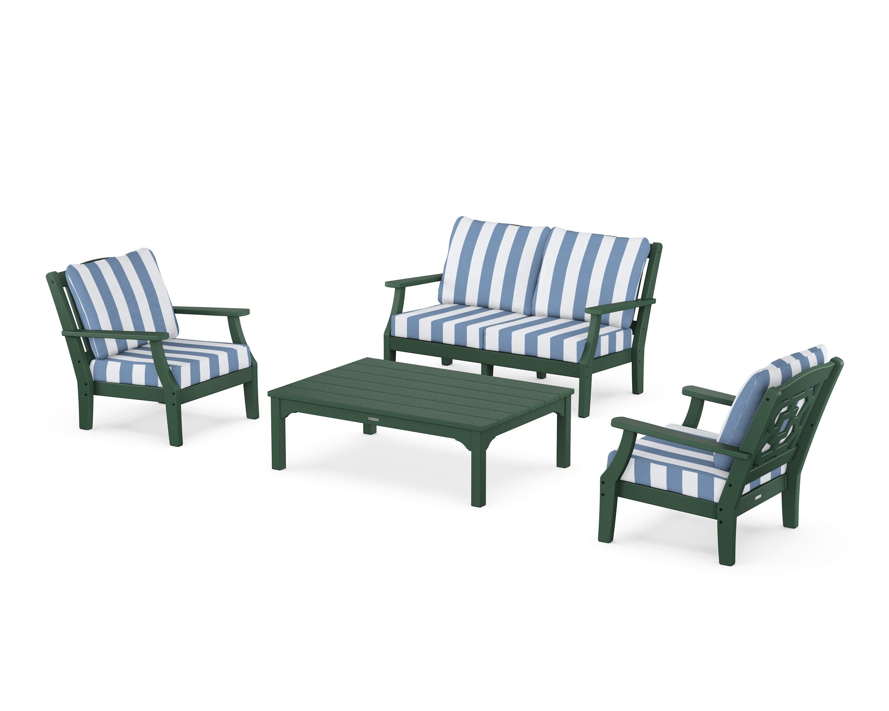 Martha Stewart by POLYWOOD® Chinoiserie 4-Piece Deep Seating Set with Loveseat in Green / Cabana Stripe Sky Blue