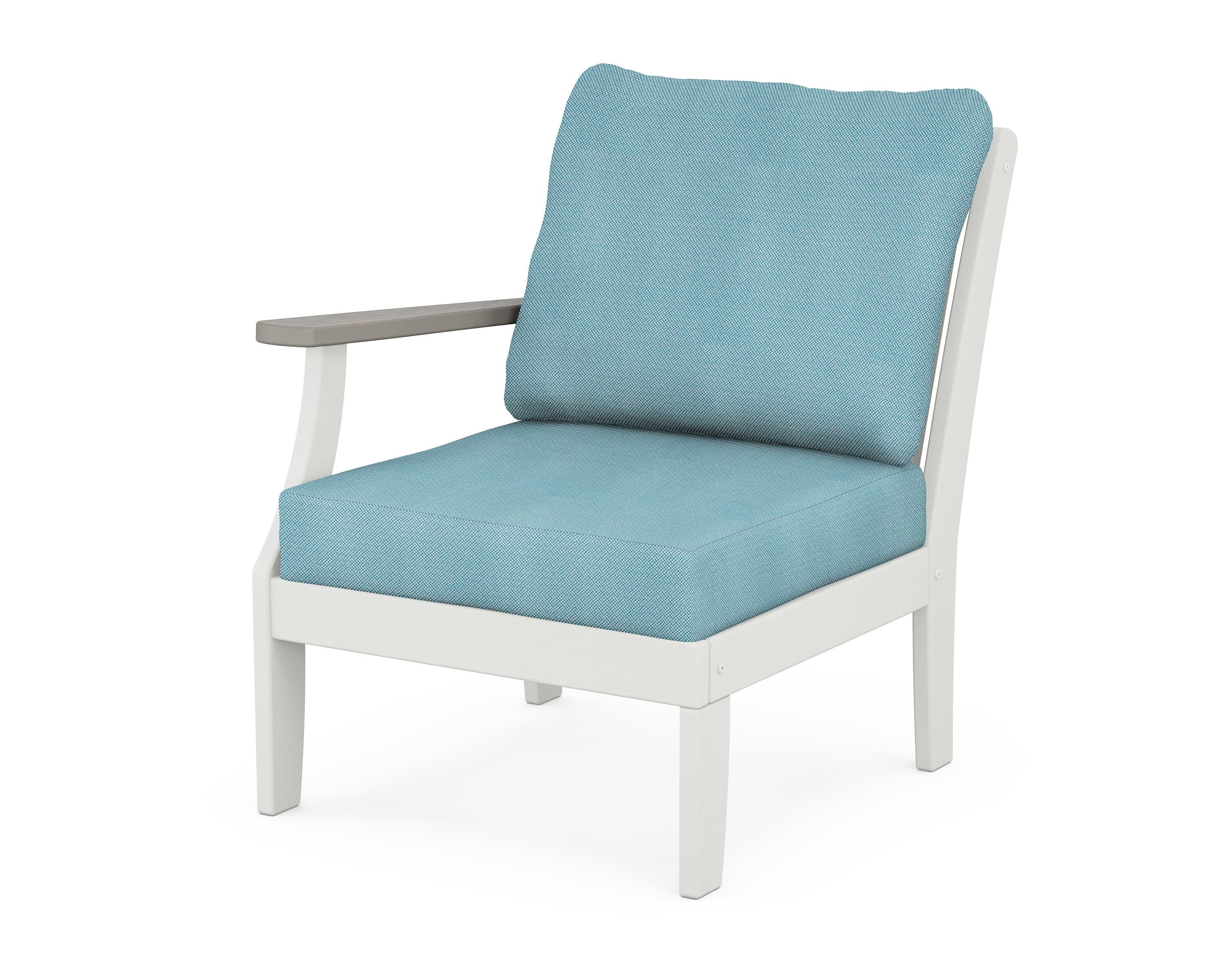 POLYWOOD® Braxton Modular Left Arm Chair in White / Driftwood / Lattice Sky Blue