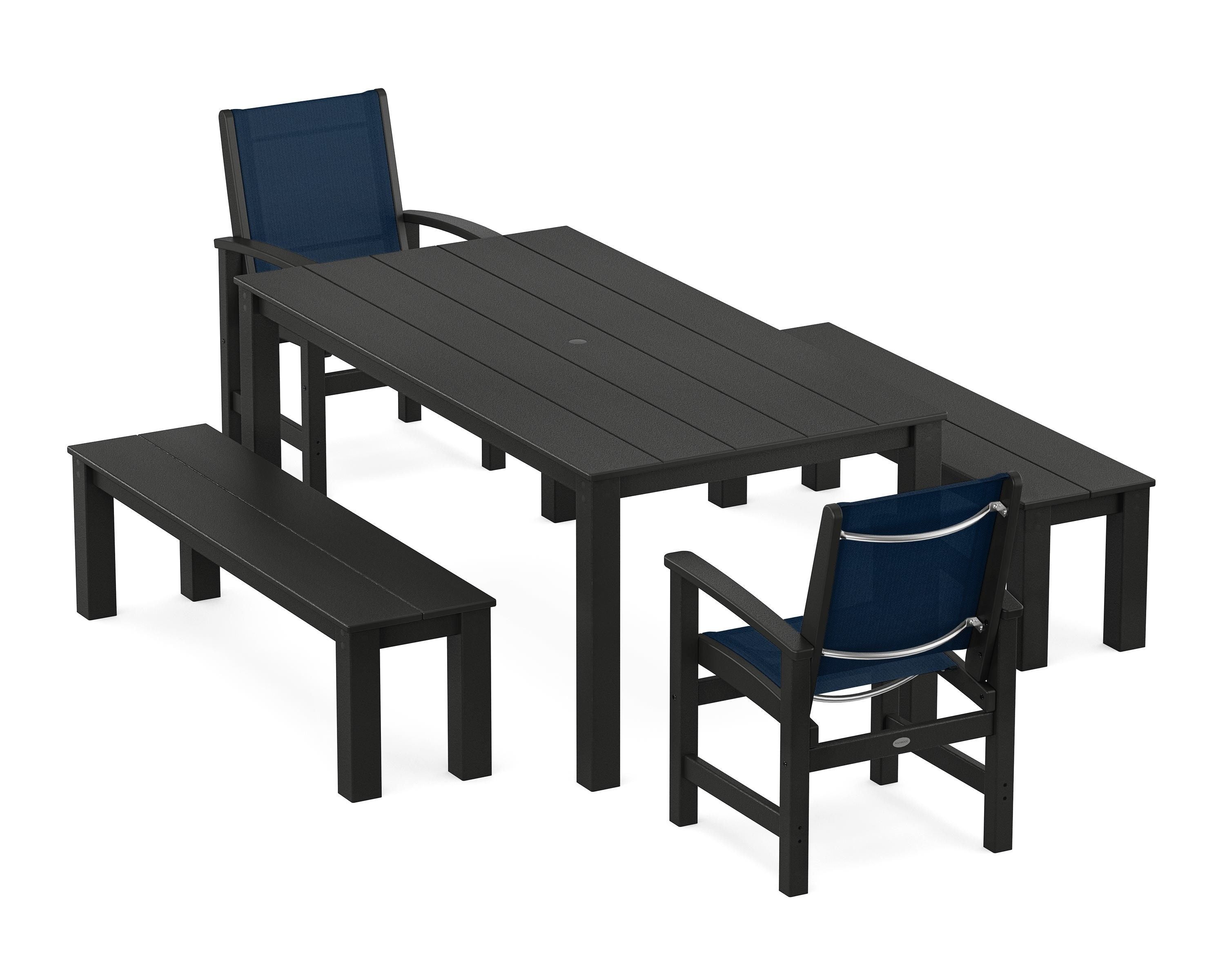 POLYWOOD® Coastal 5-Piece Parsons Dining Set with Benches in Black / Navy Blue Sling