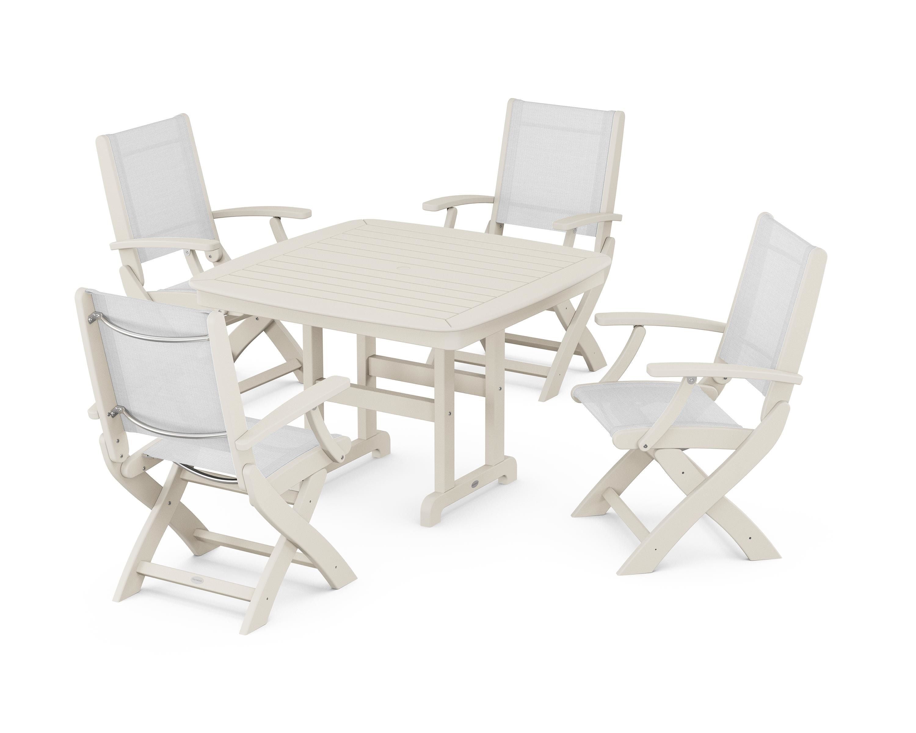 POLYWOOD® Coastal Folding Chair 5-Piece Dining Set in Sand / White Sling