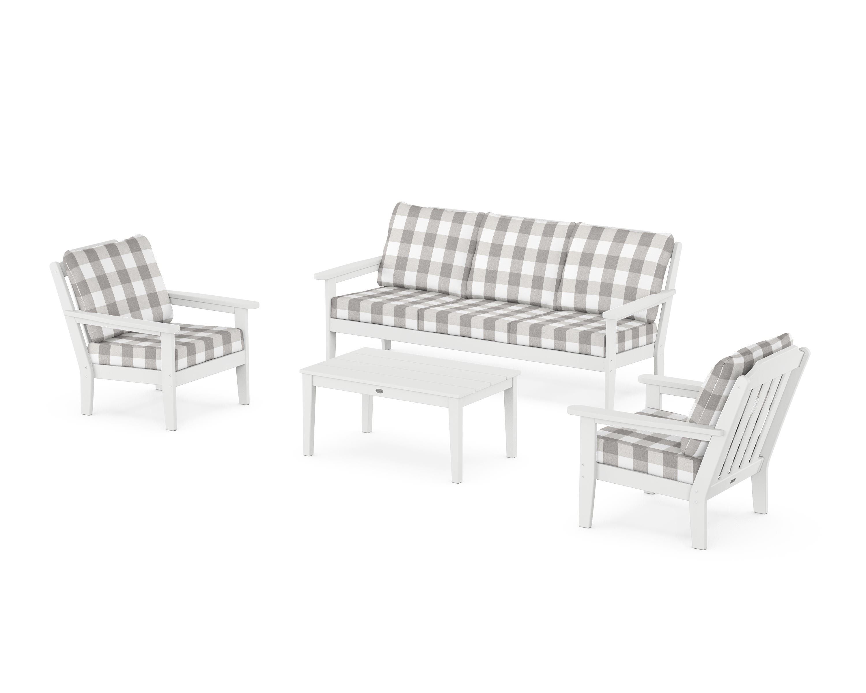Country Living Cottage 4-Piece Deep Seating Set with Sofa in White / Buffalo Plaid Grey Mist