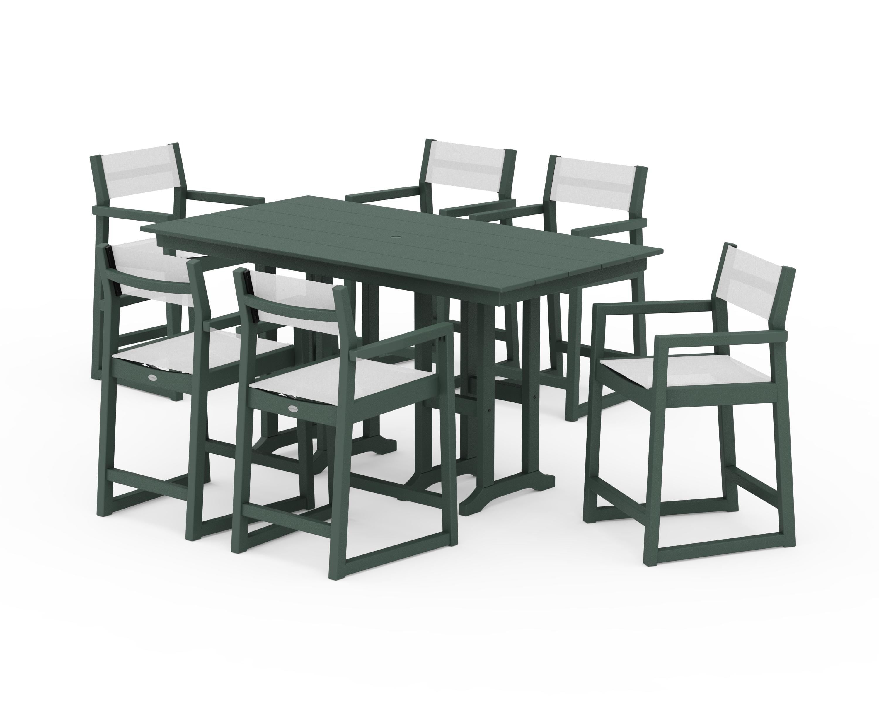 POLYWOOD® EDGE Sling Arm Chair 7-Piece Farmhouse Counter Set in Green / White Sling