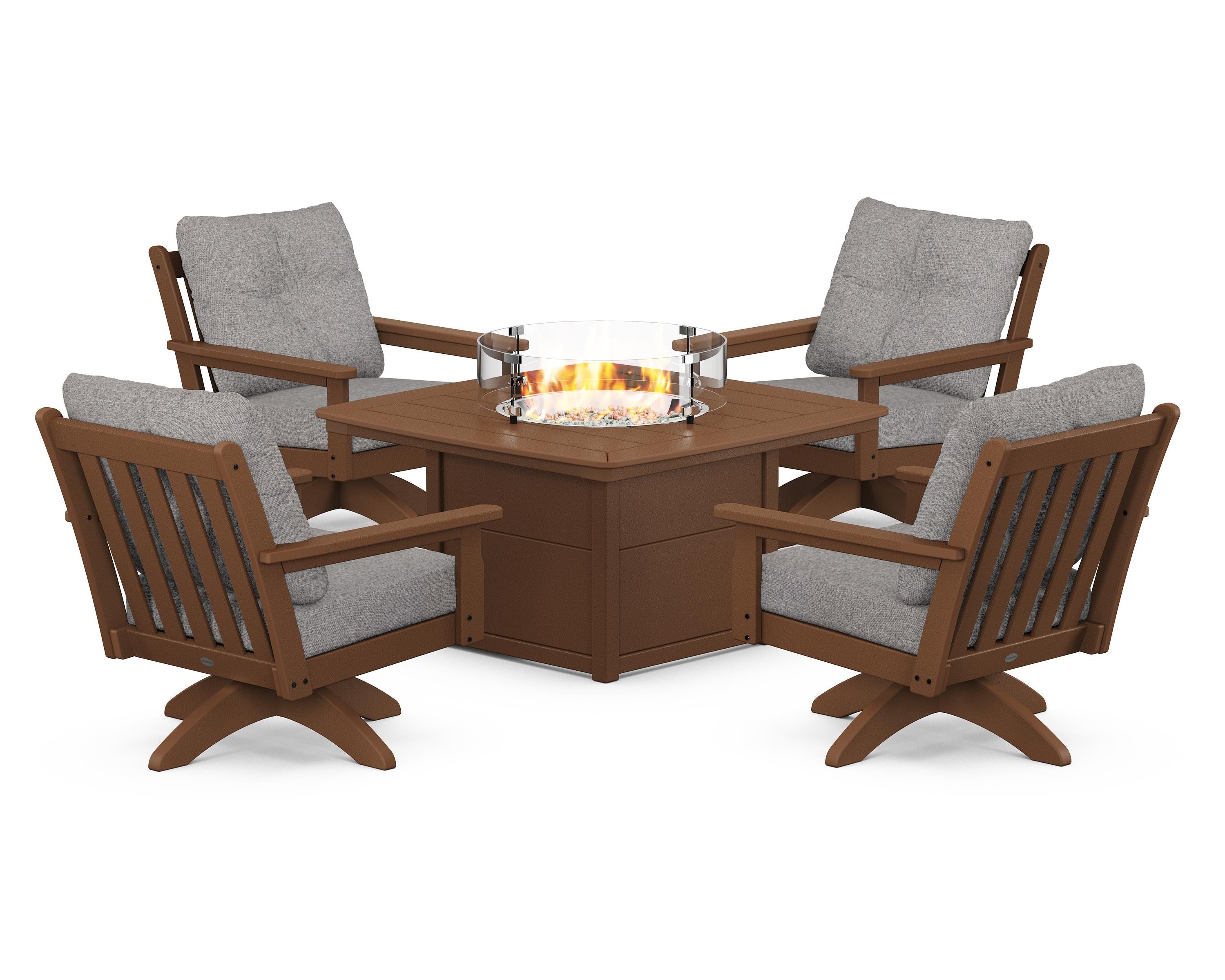POLYWOOD® Vineyard 5-Piece Deep Seating Swivel Conversation Set with Fire Pit Table in Teak / Grey Mist