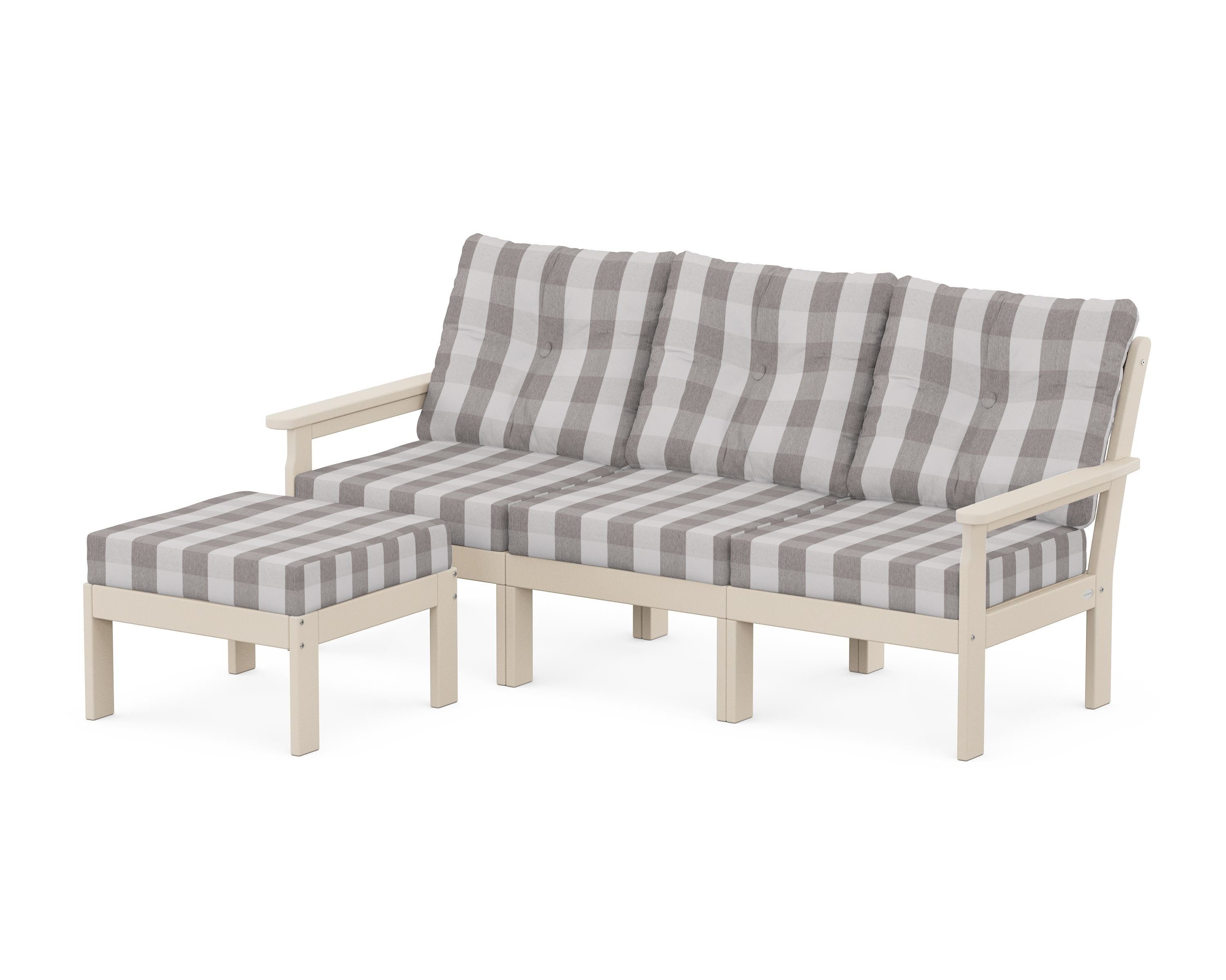 POLYWOOD® Vineyard 4-Piece Sectional with Ottoman in Sand / Buffalo Plaid Grey Mist