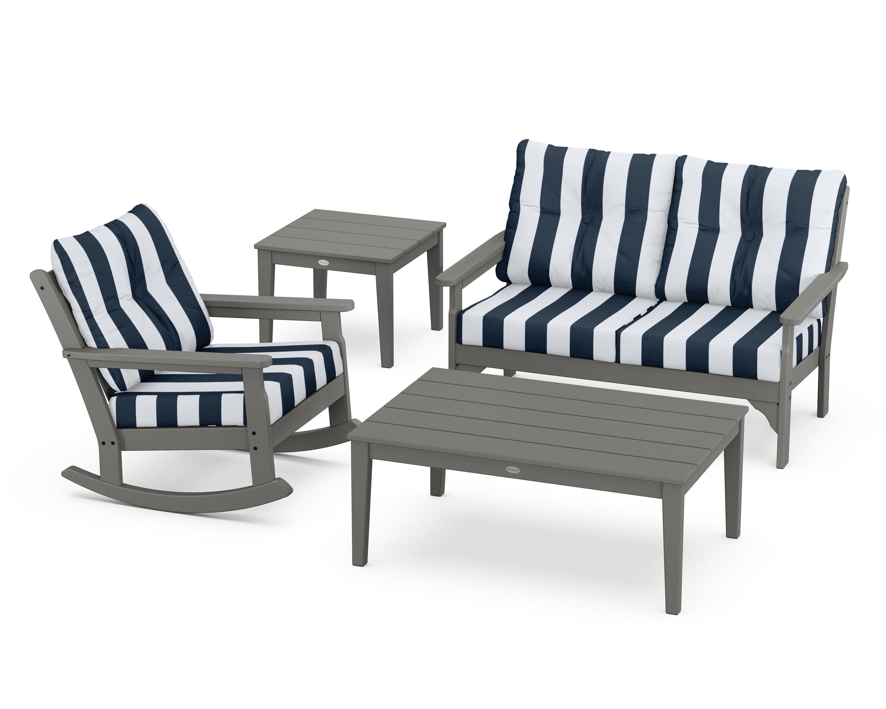 POLYWOOD® Vineyard 4-Piece Deep Seating Rocker Set in Slate Grey / Cabana Stripe Marine Indigo