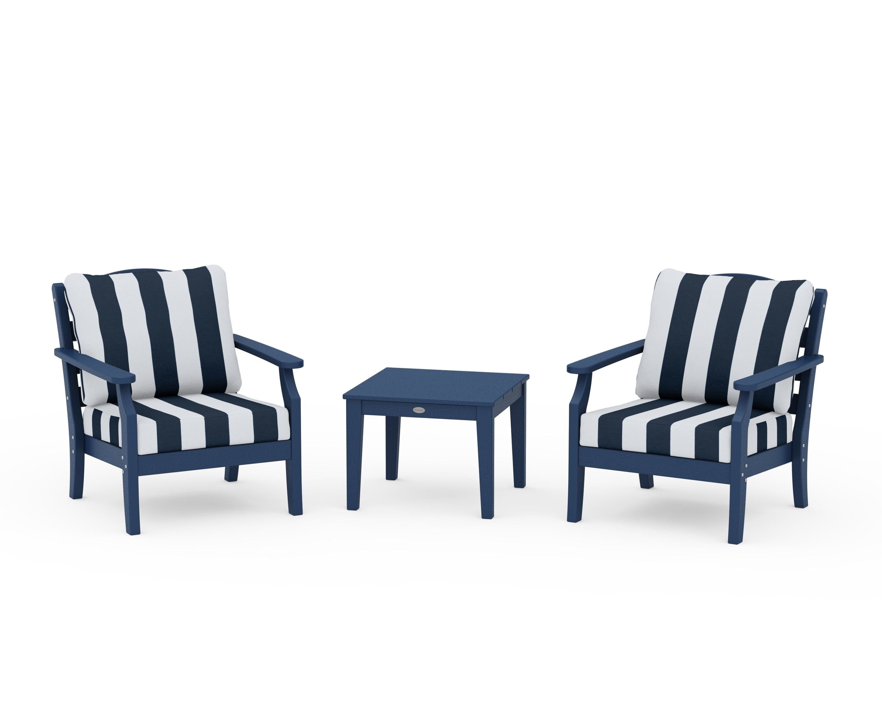 Draper James™ by POLYWOOD® Savannah 3-Piece Deep Seating Set in Navy / Cabana Stripe Marine Indigo