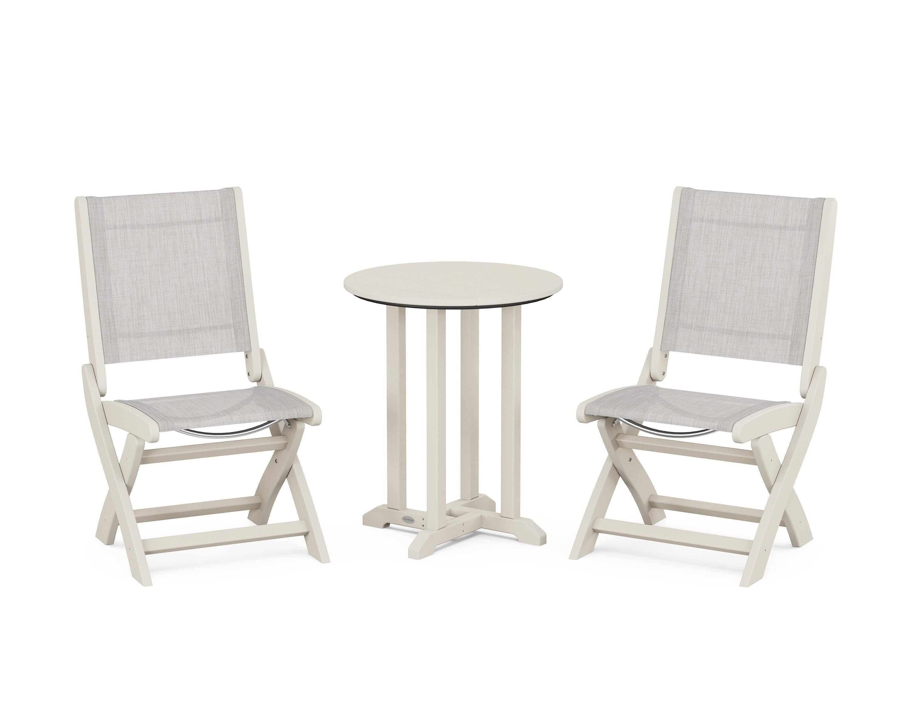 POLYWOOD® Coastal Folding Side Chair 3-Piece Round Bistro Dining Set in Sand / Parchment Sling