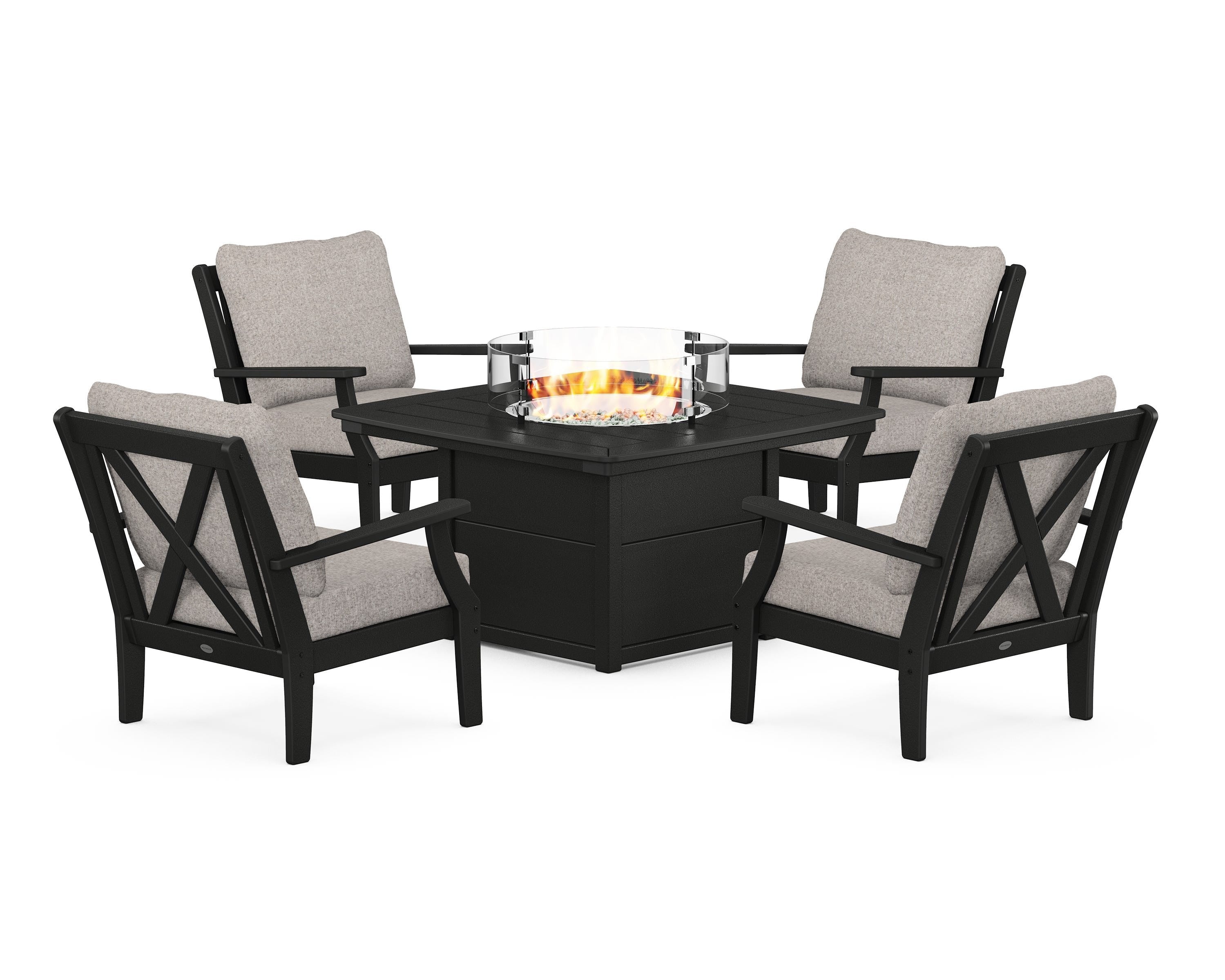 POLYWOOD® Braxton 5-Piece Deep Seating Conversation Set with Fire Pit Table in Black / Weathered Tweed