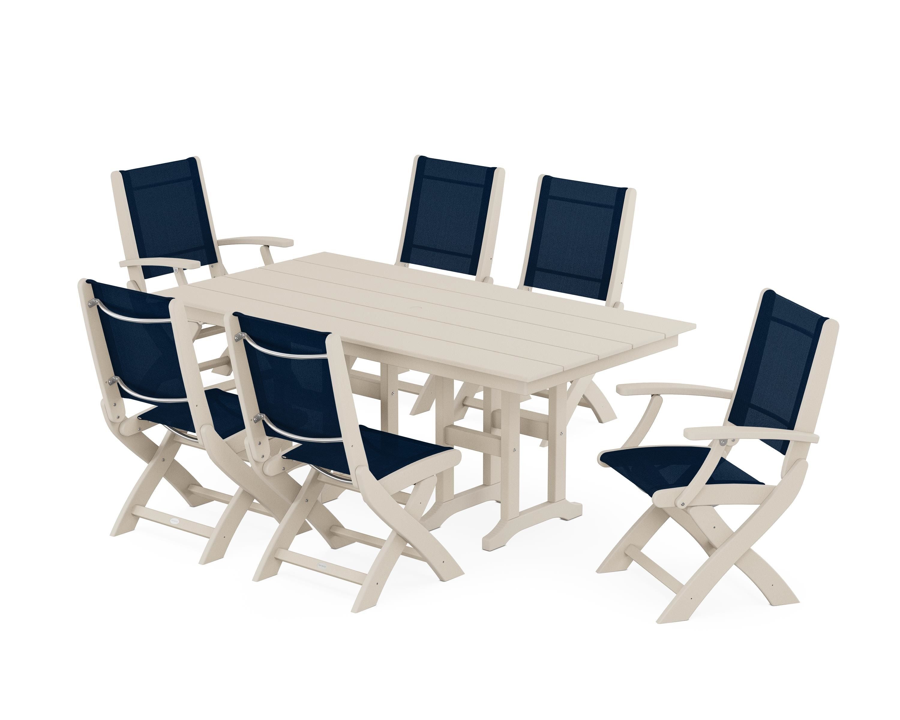 POLYWOOD® Coastal Folding Chair 7-Piece Farmhouse Dining Set in Sand / Navy Blue Sling