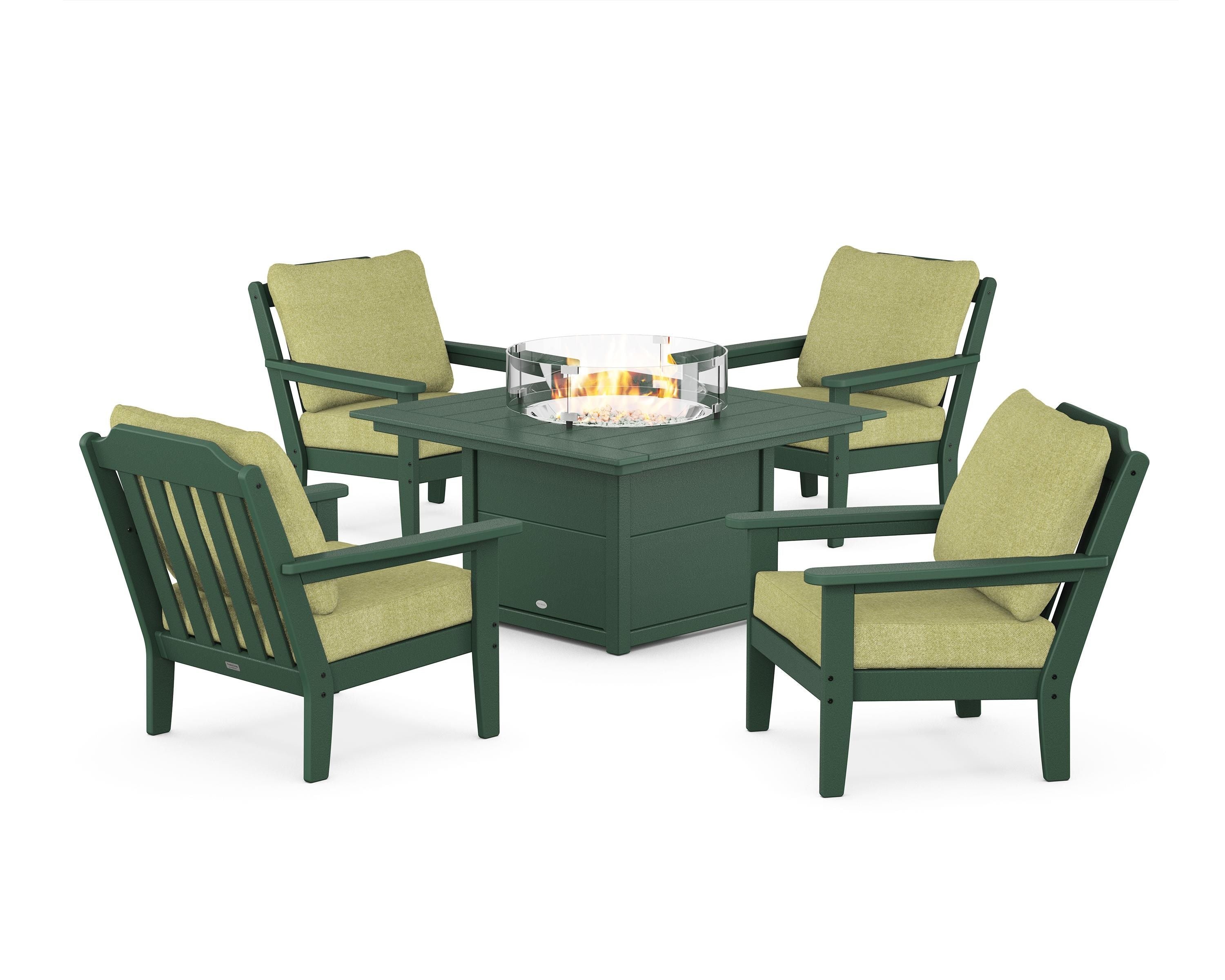 Country Living Cottage 5-Piece Deep Seating Set with Fire Pit Table in Green / Chartreuse Boucle