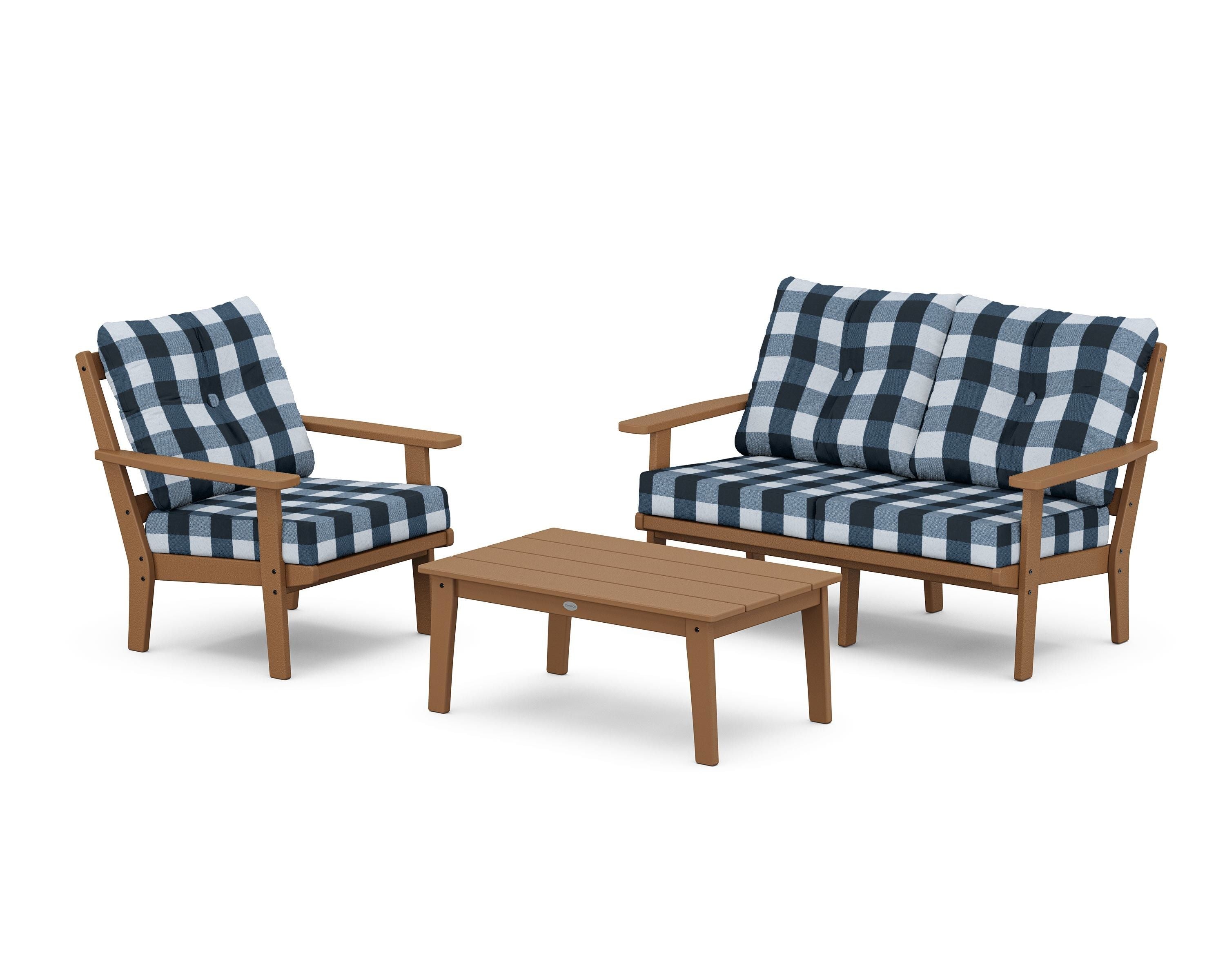 POLYWOOD® Oxford 3-Piece Deep Seating Set with Loveseat in Teak / Buffalo Plaid Marine Indigo
