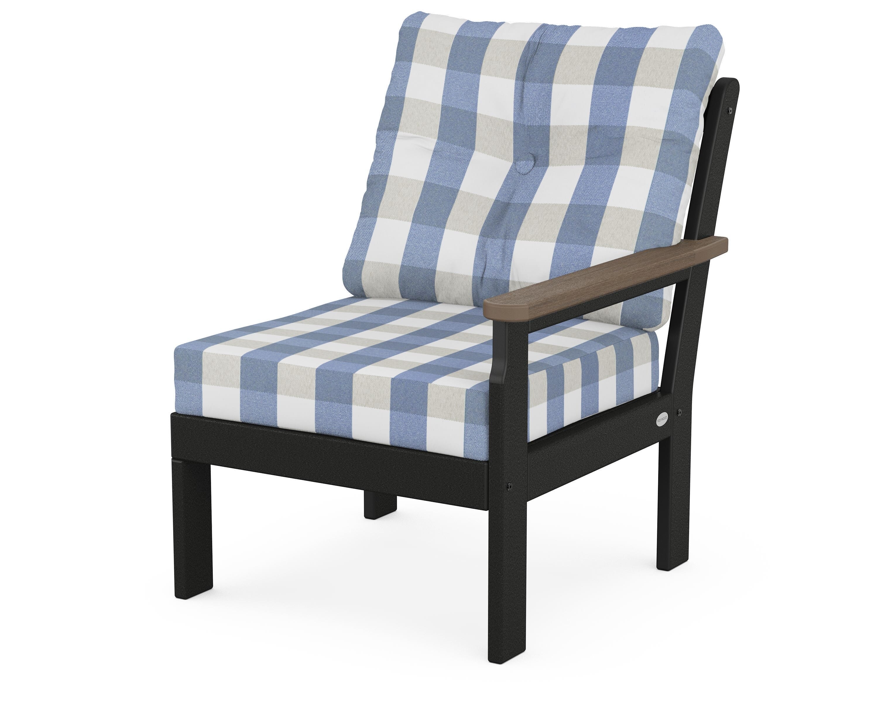 POLYWOOD® Vineyard Modular Right Arm Chair in Black / Kona / Buffalo Plaid Sky Blue