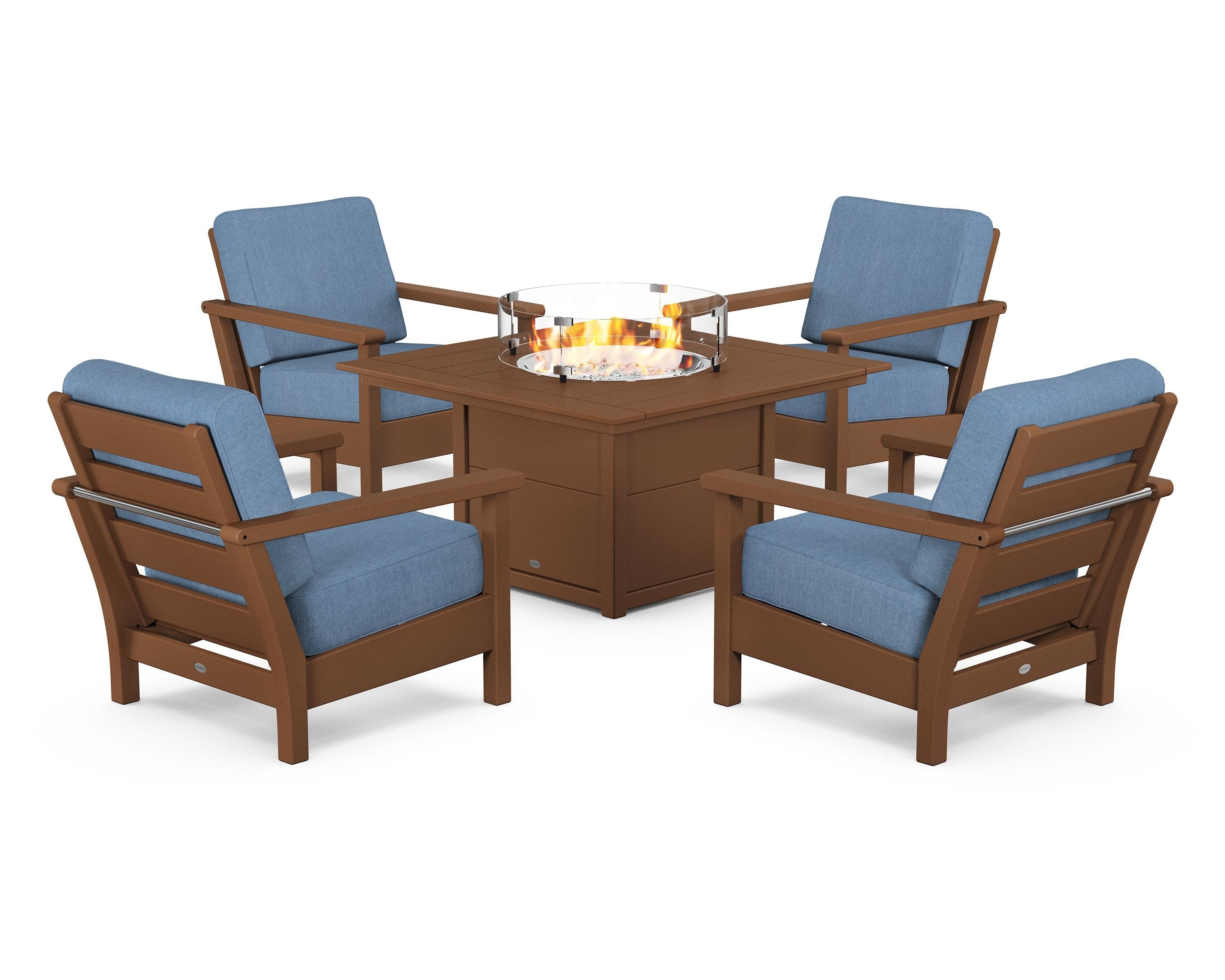 POLYWOOD® Harbour 5-Piece Conversation Set with Fire Pit Table in Teak / Sky Blue
