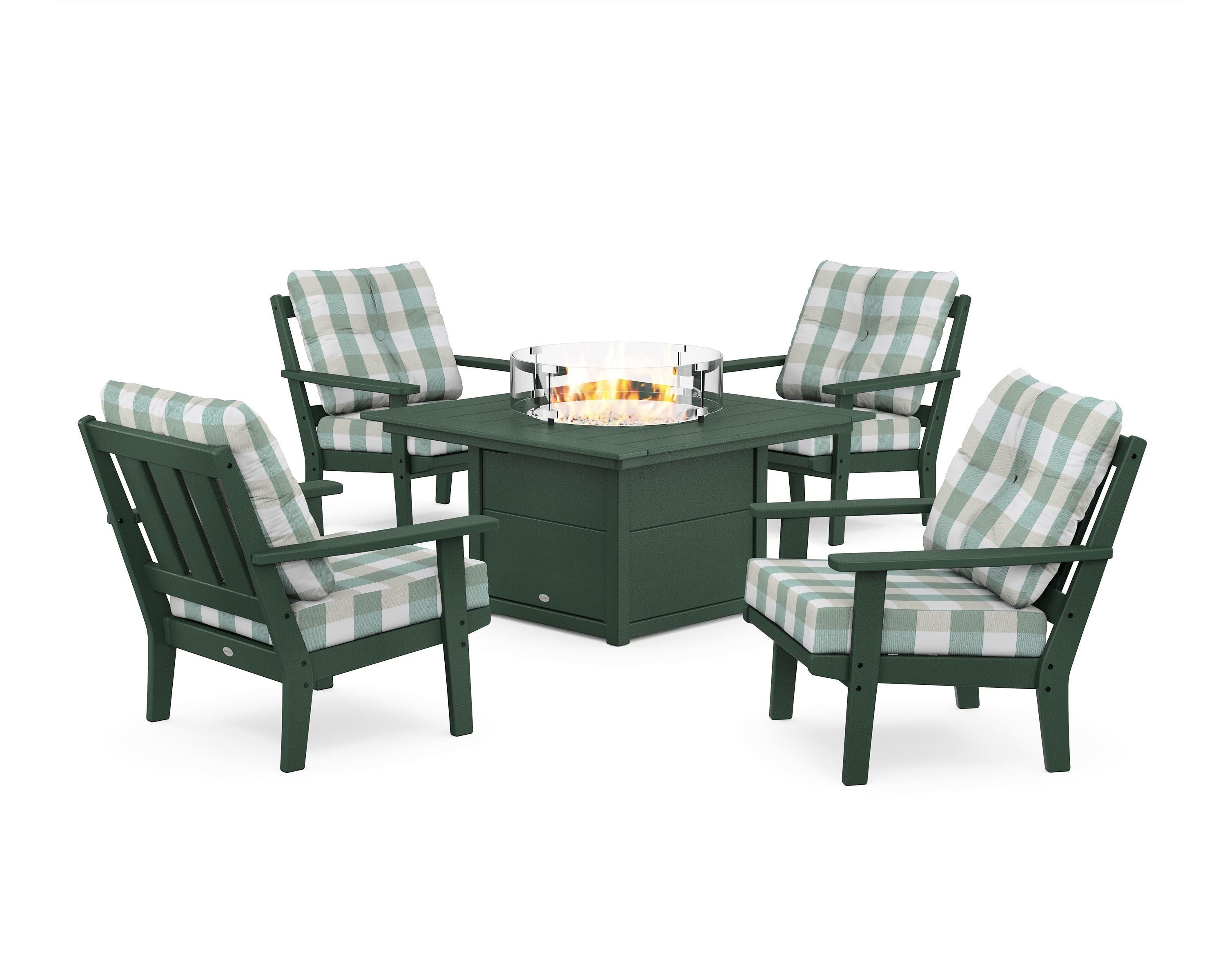 POLYWOOD® Oxford 5-Piece Deep Seating Set with Fire Pit Table in Green / Buffalo Plaid Glacier Spa