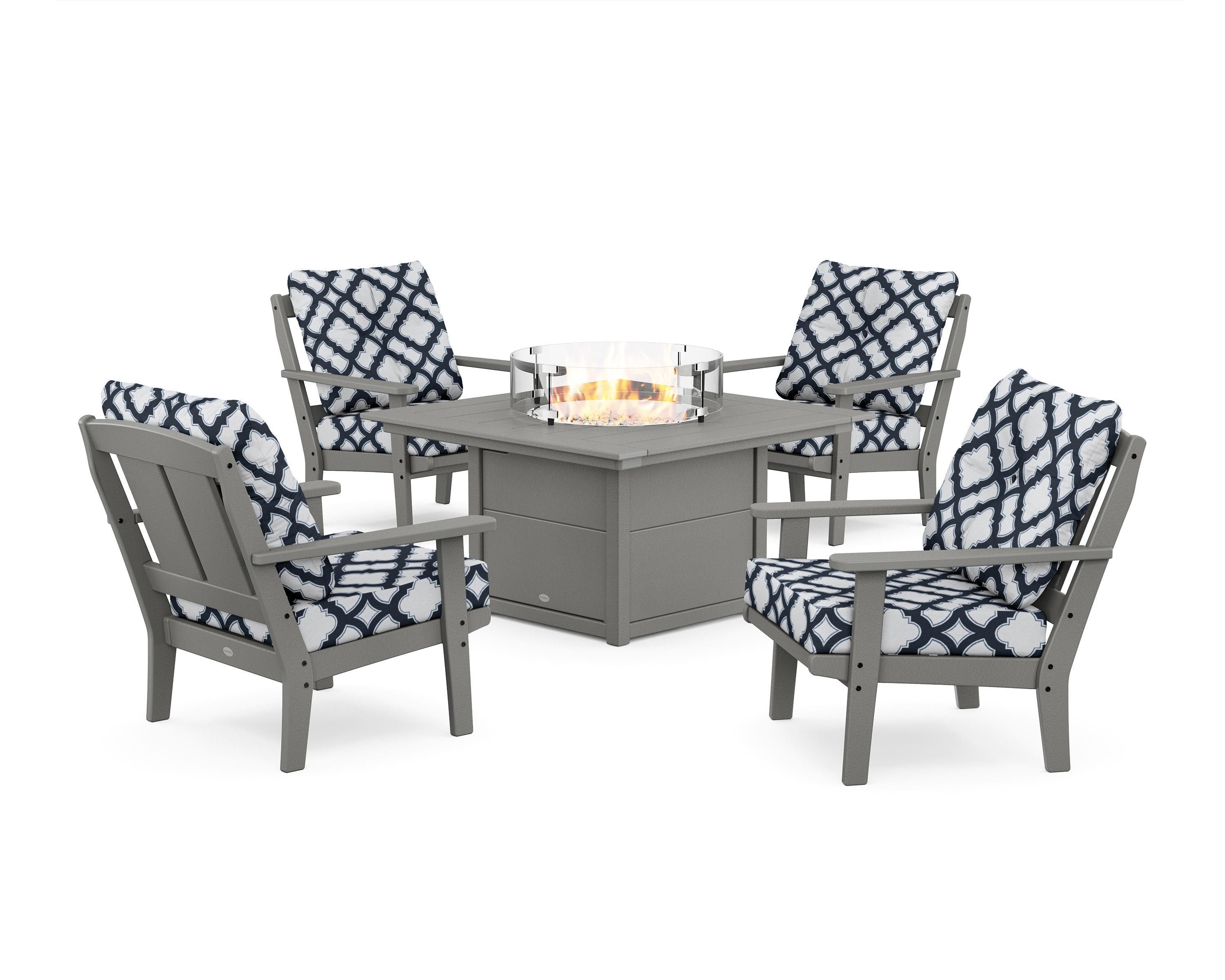 POLYWOOD® Mission 5-Piece Deep Seating Set with Fire Pit Table in Slate Grey / Trellis Marine Indigo