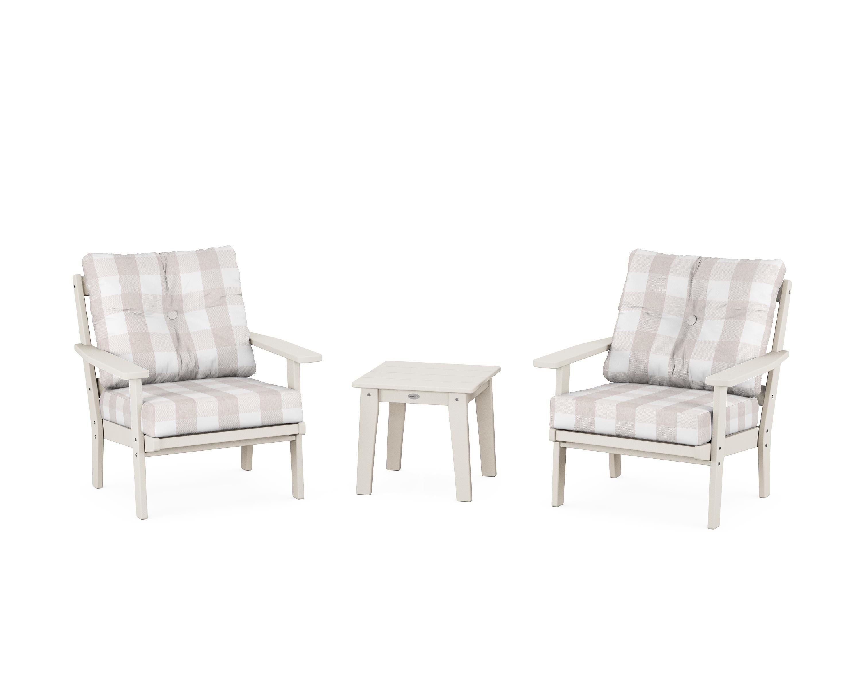POLYWOOD® Oxford 3-Piece Deep Seating Set in Sand / Buffalo Plaid Dune Burlap