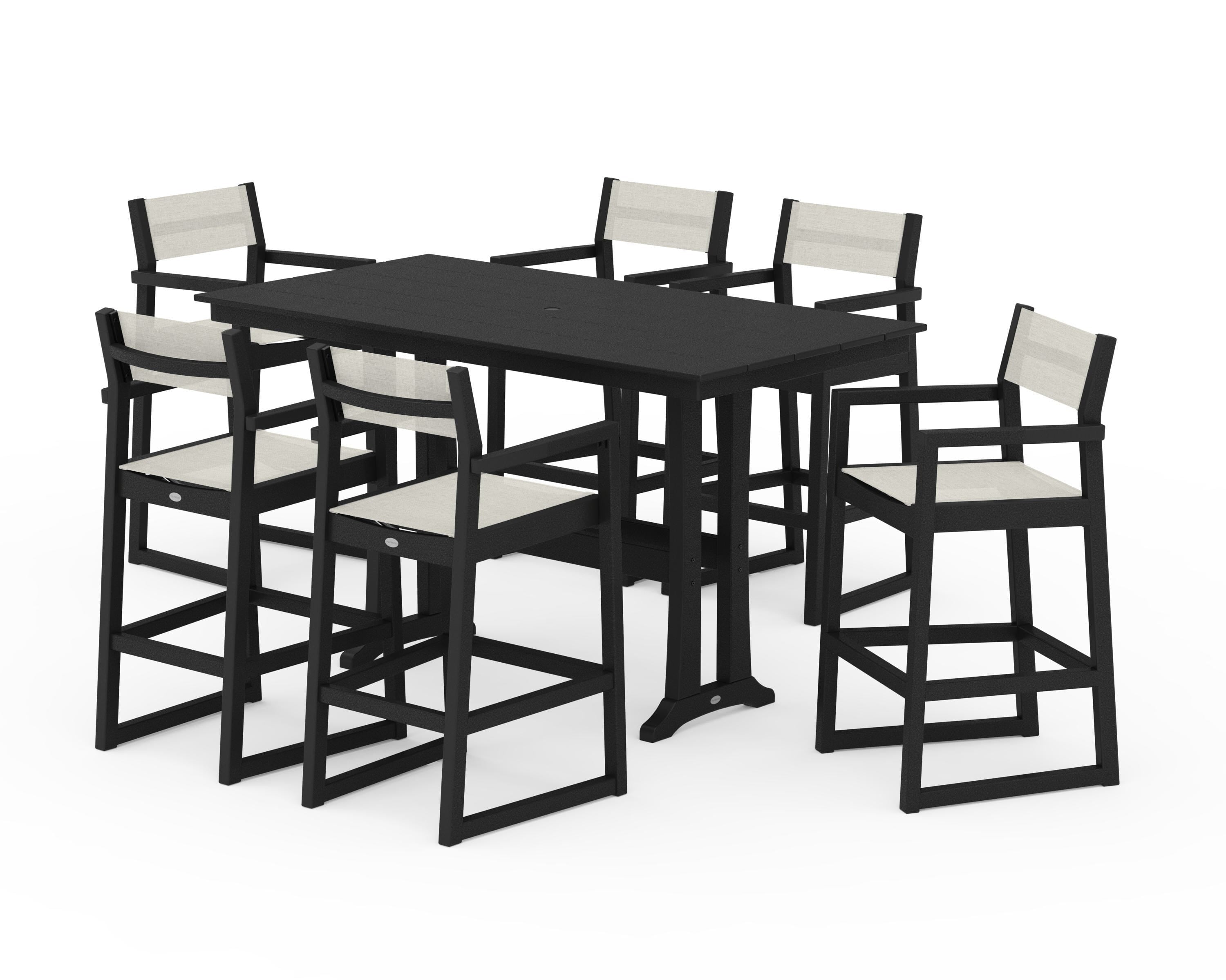 POLYWOOD® EDGE Sling Arm Chair 7-Piece Farmhouse Bar Set with Trestle Legs in Black / Parchment Sling
