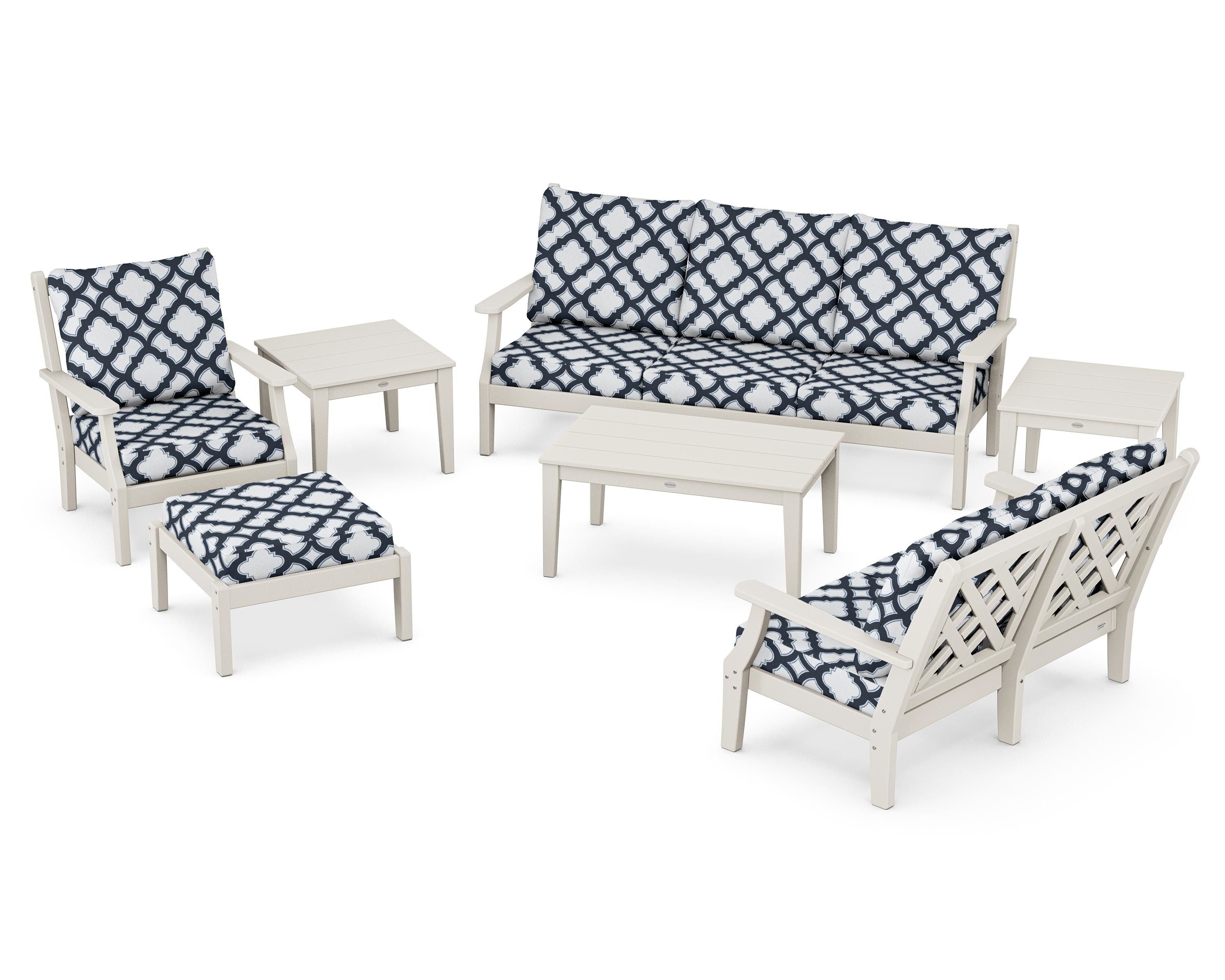 Country Living Wovendale 7-Piece Deep Seating Set in Sand / Trellis Marine Indigo