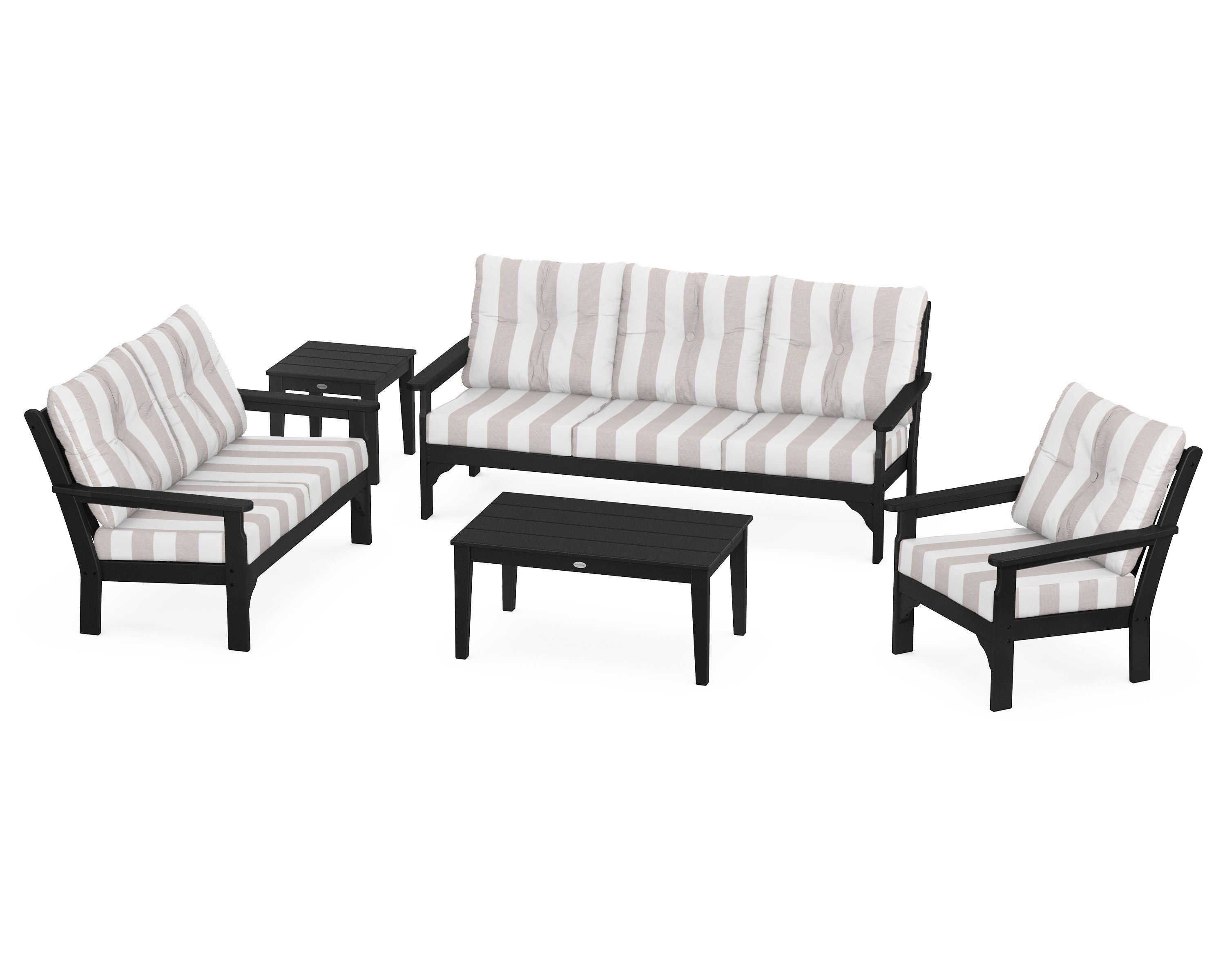 POLYWOOD® Vineyard 5 Piece Deep Seating Set in Black / Cabana Stripe Dune Burlap