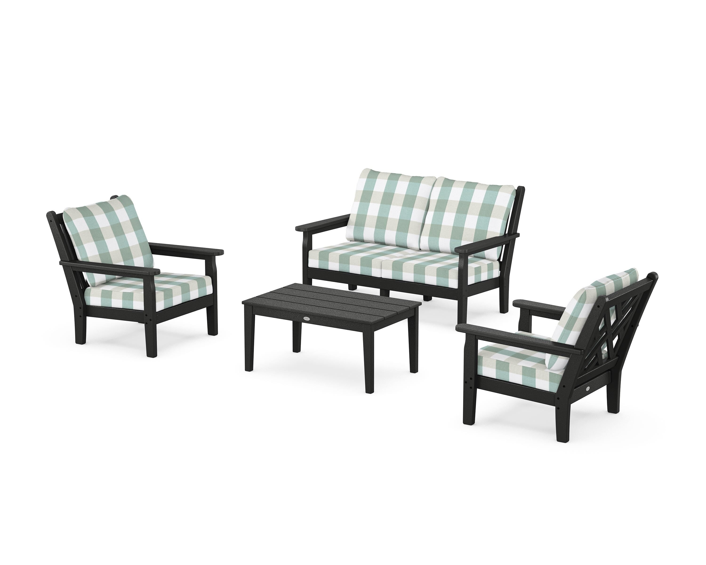 POLYWOOD® Chippendale 4-Piece Deep Seating Set with Loveseat in Black / Buffalo Plaid Glacier Spa