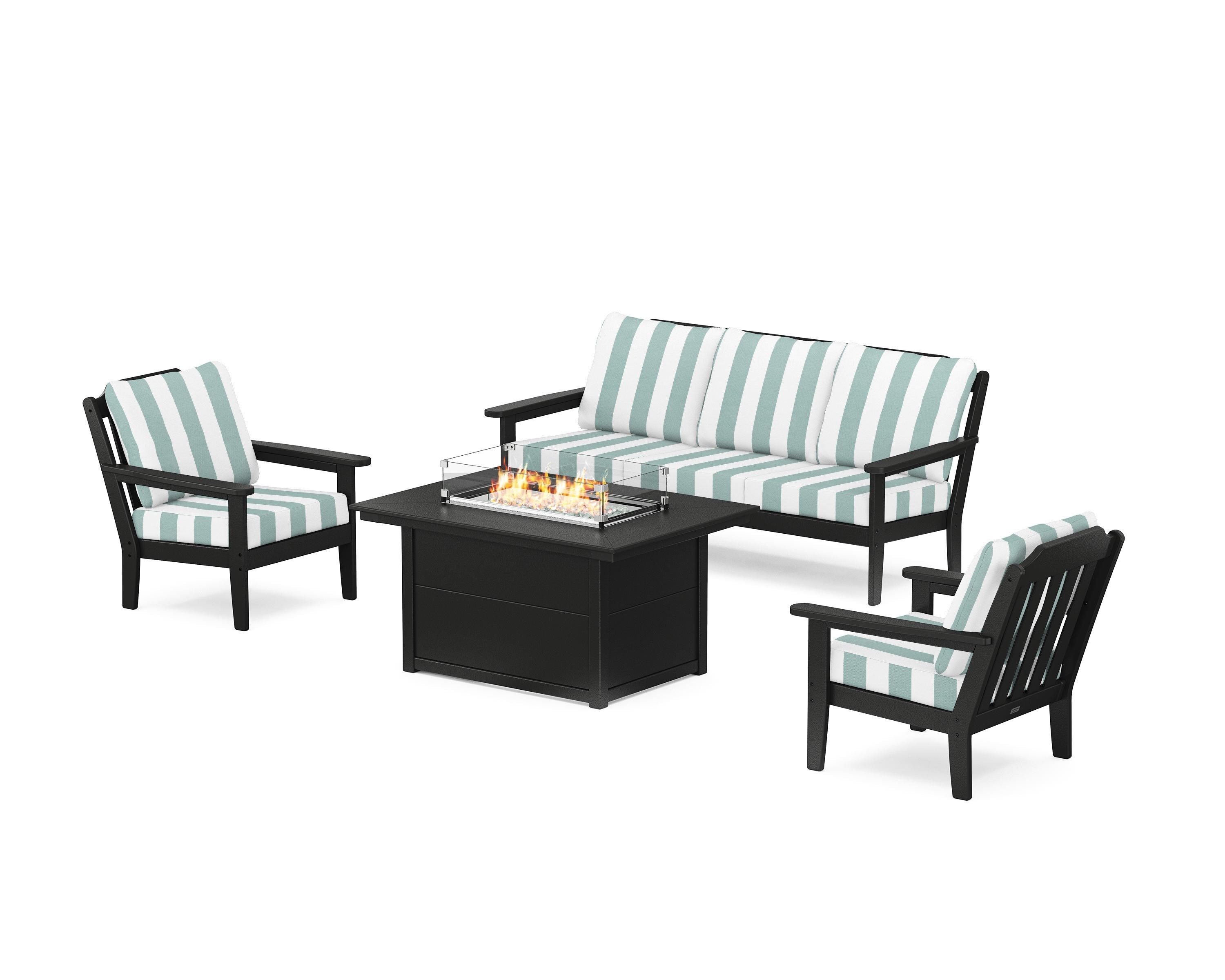Country Living Cottage Deep Seating Fire Pit Table Set in Black / Cabana Stripe Glacier Spa