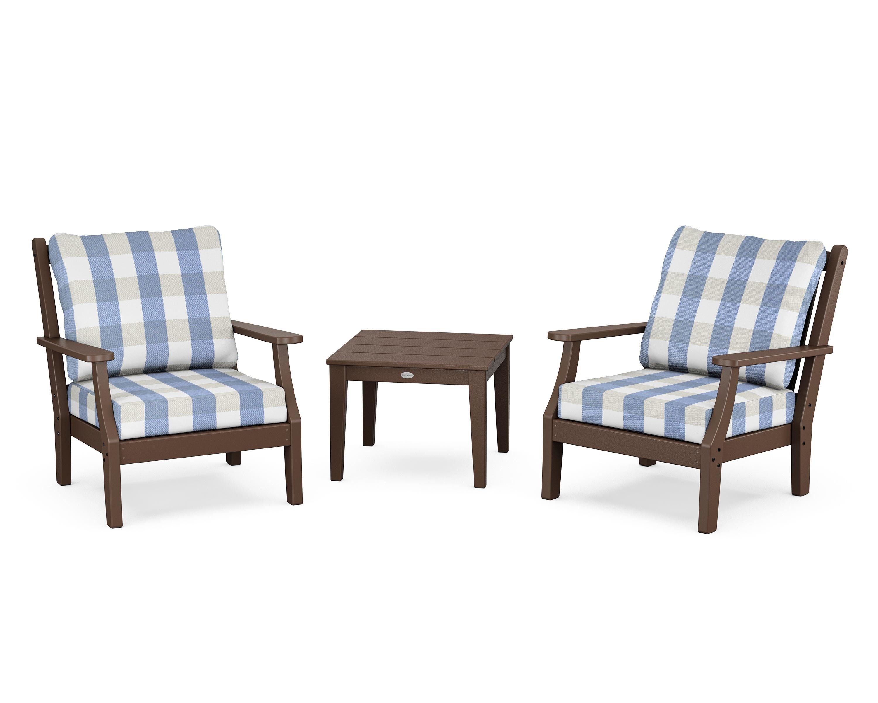 Country Living Wovendale 3-Piece Deep Seating Set in Mahogany / Buffalo Plaid Sky Blue