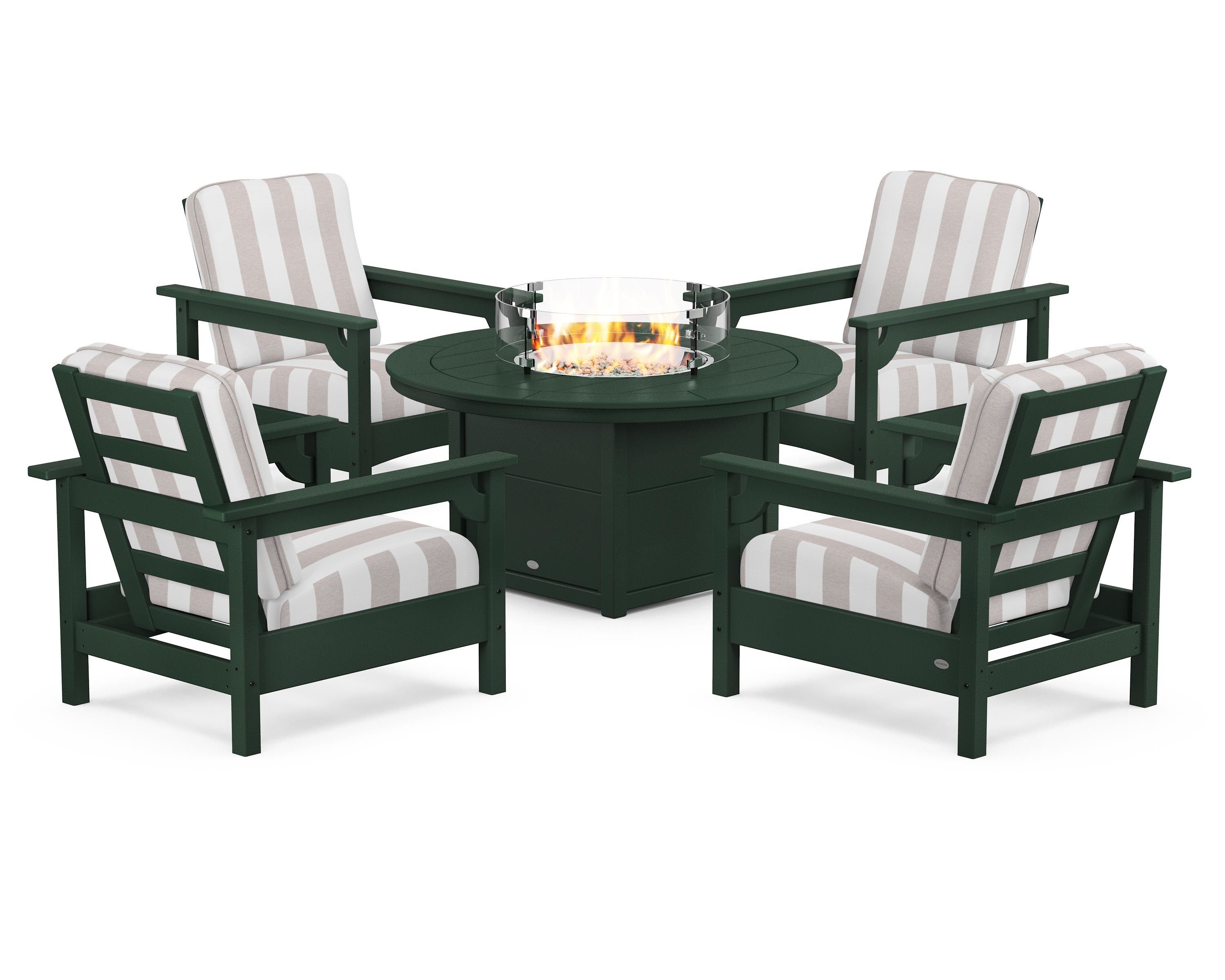 POLYWOOD® Club 5-Piece Conversation Set with Fire Pit Table in Green / Cabana Stripe Dune Burlap
