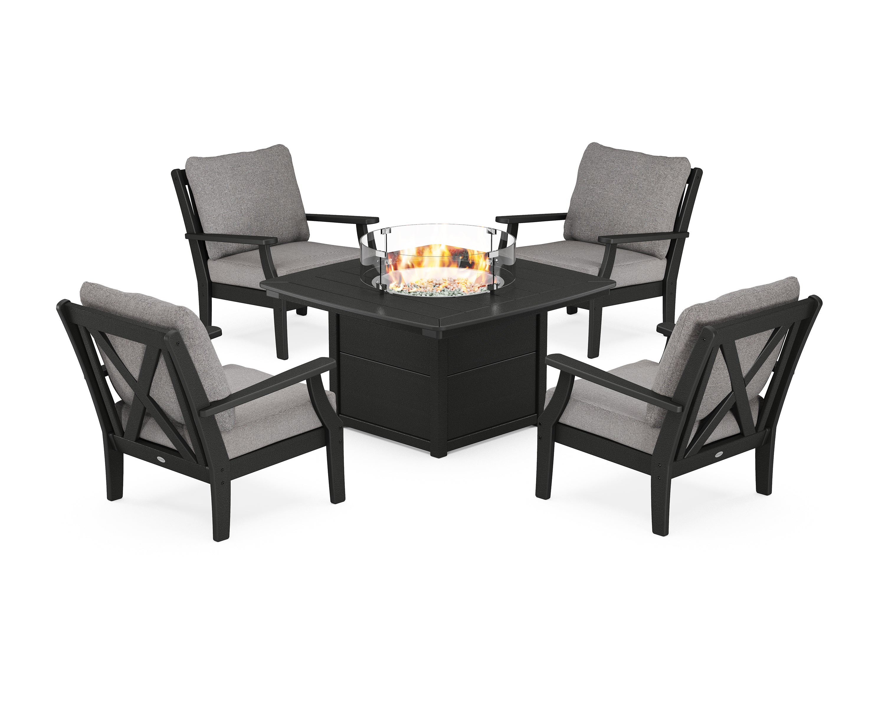 POLYWOOD® Braxton 5-Piece Deep Seating Conversation Set with Fire Pit Table in Black / Grey Mist