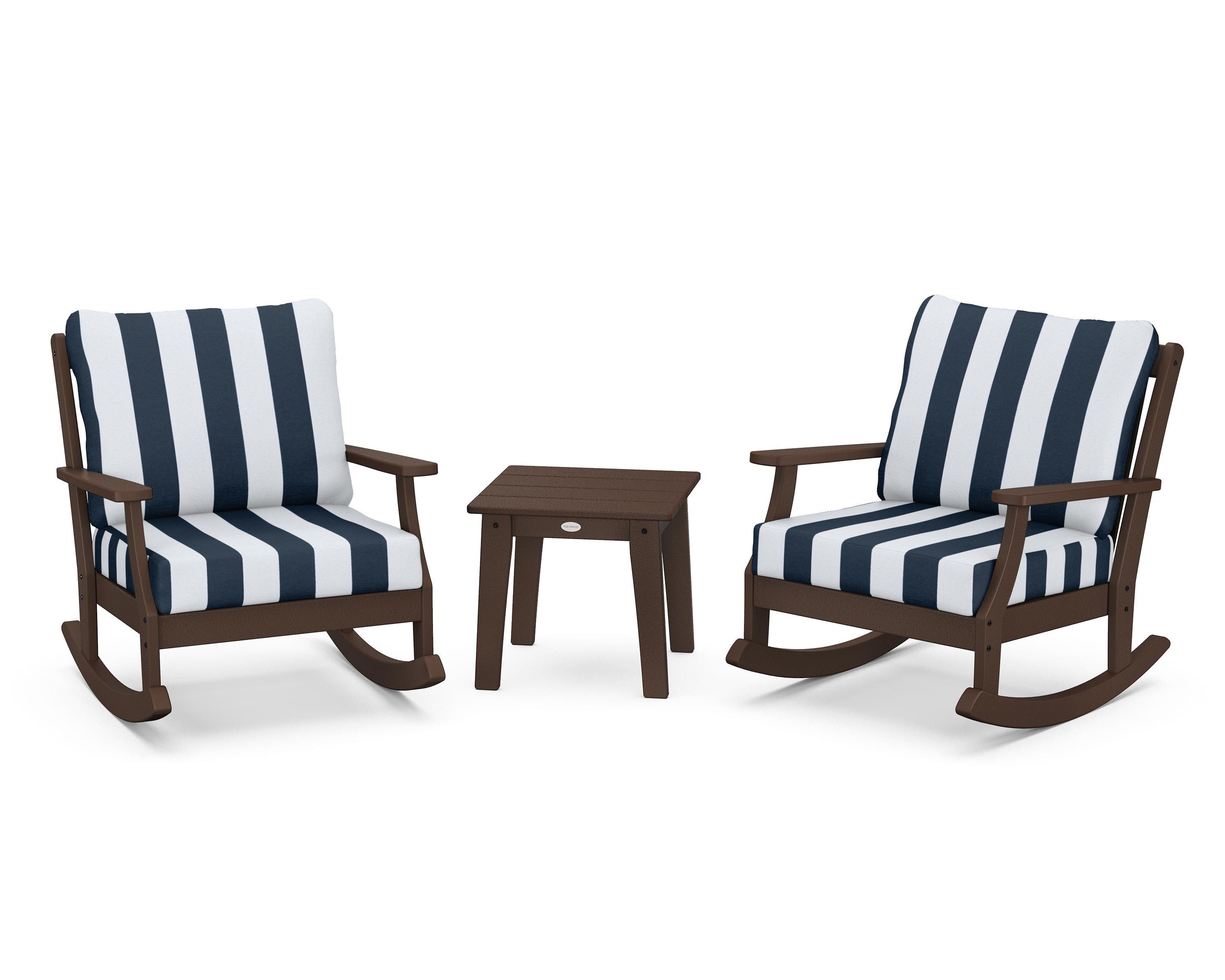 POLYWOOD® Braxton 3-Piece Deep Seating Rocker Set in Mahogany / Cabana Stripe Marine Indigo