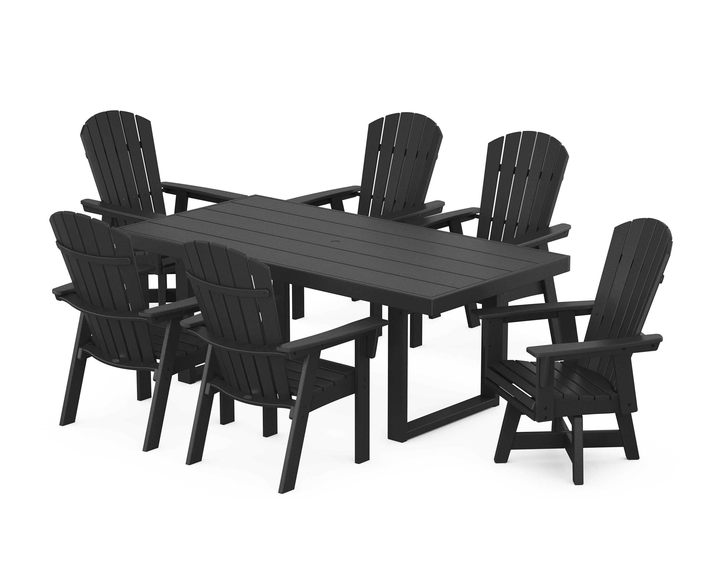 POLYWOOD® Nautical Curveback Adirondack Swivel Chair 7-Piece Dining Set in Black