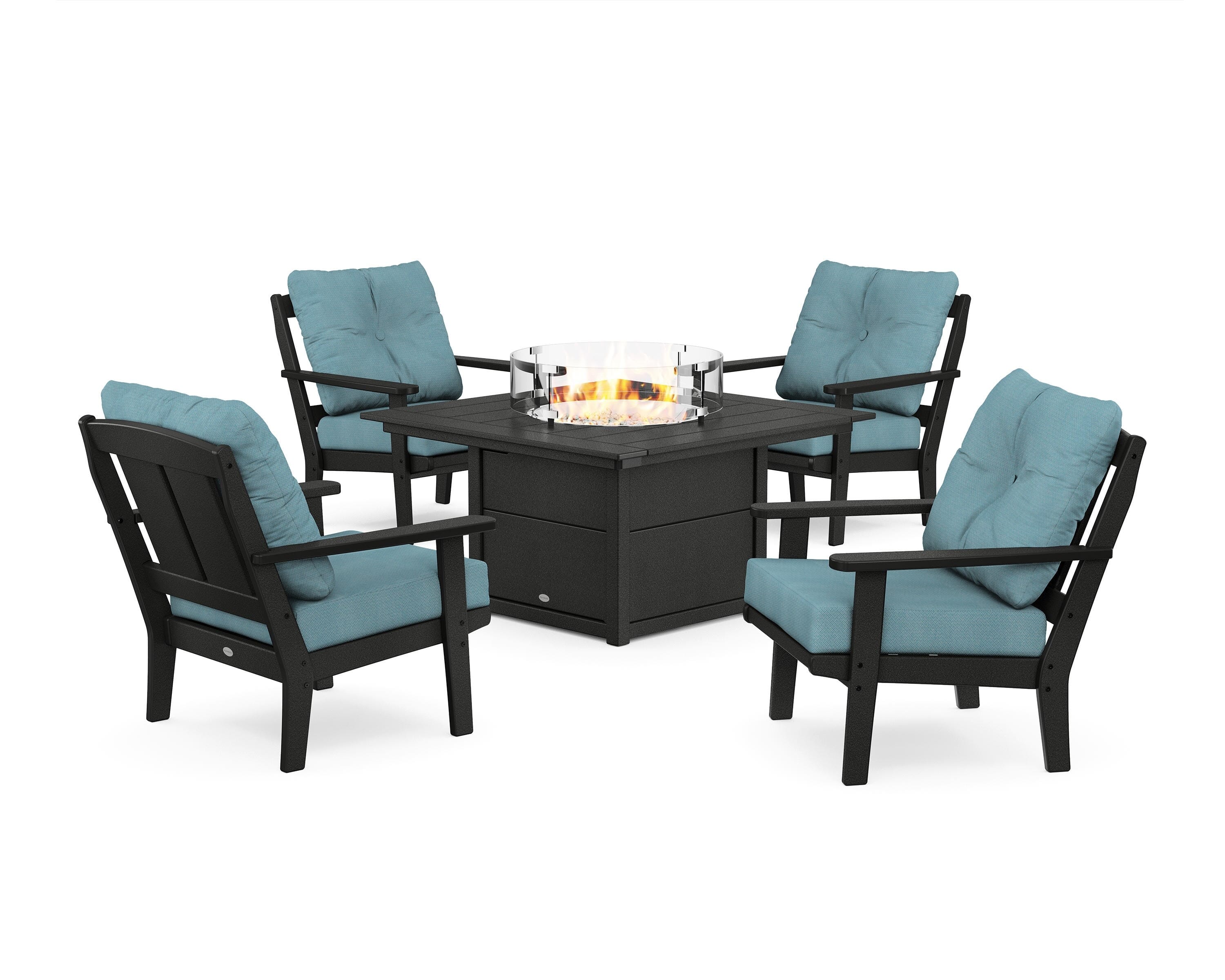 POLYWOOD® Mission 5-Piece Deep Seating Set with Fire Pit Table in Black / Lattice Sky Blue