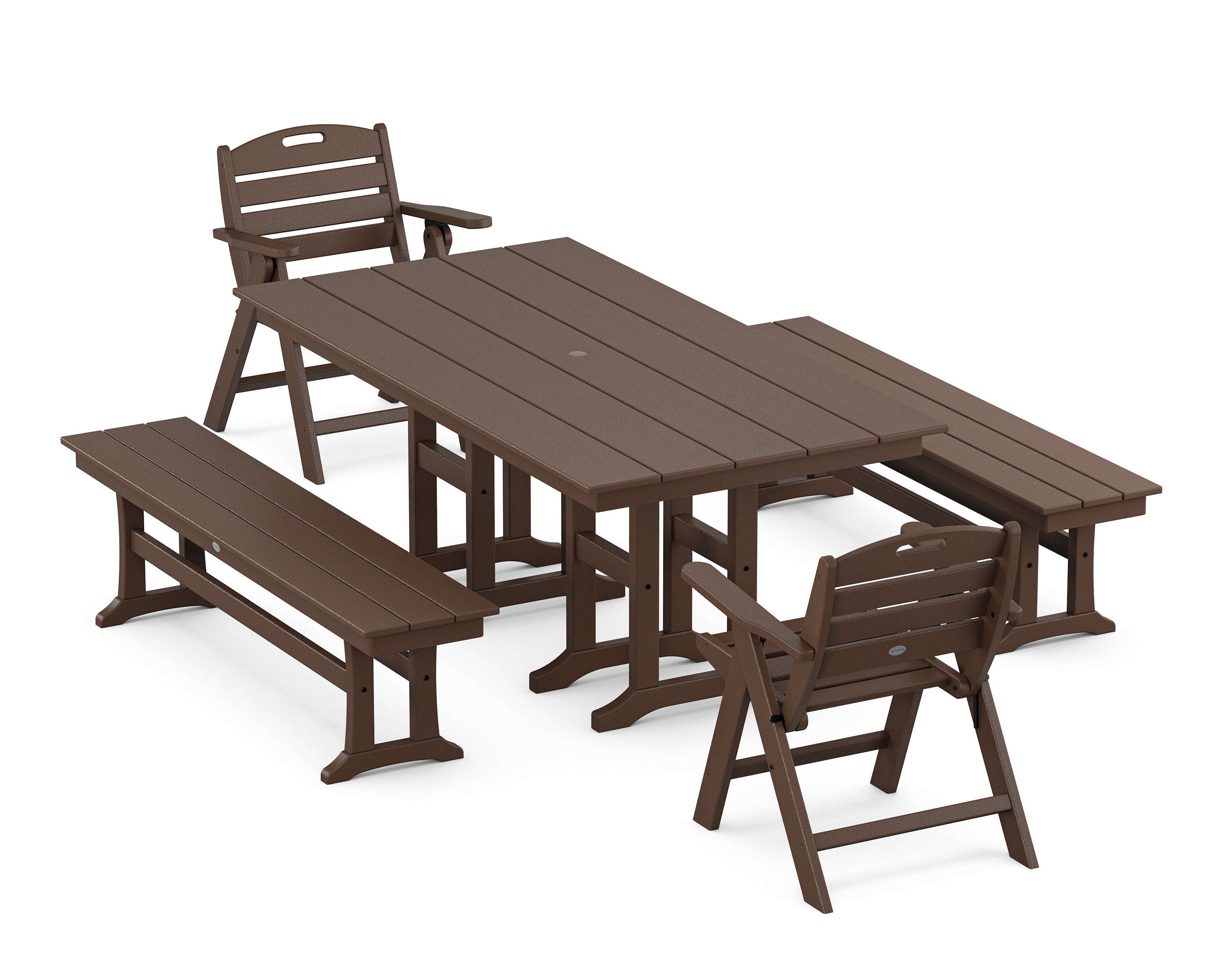 POLYWOOD® Nautical Lowback 5-Piece Farmhouse Dining Set with Benches in Mahogany