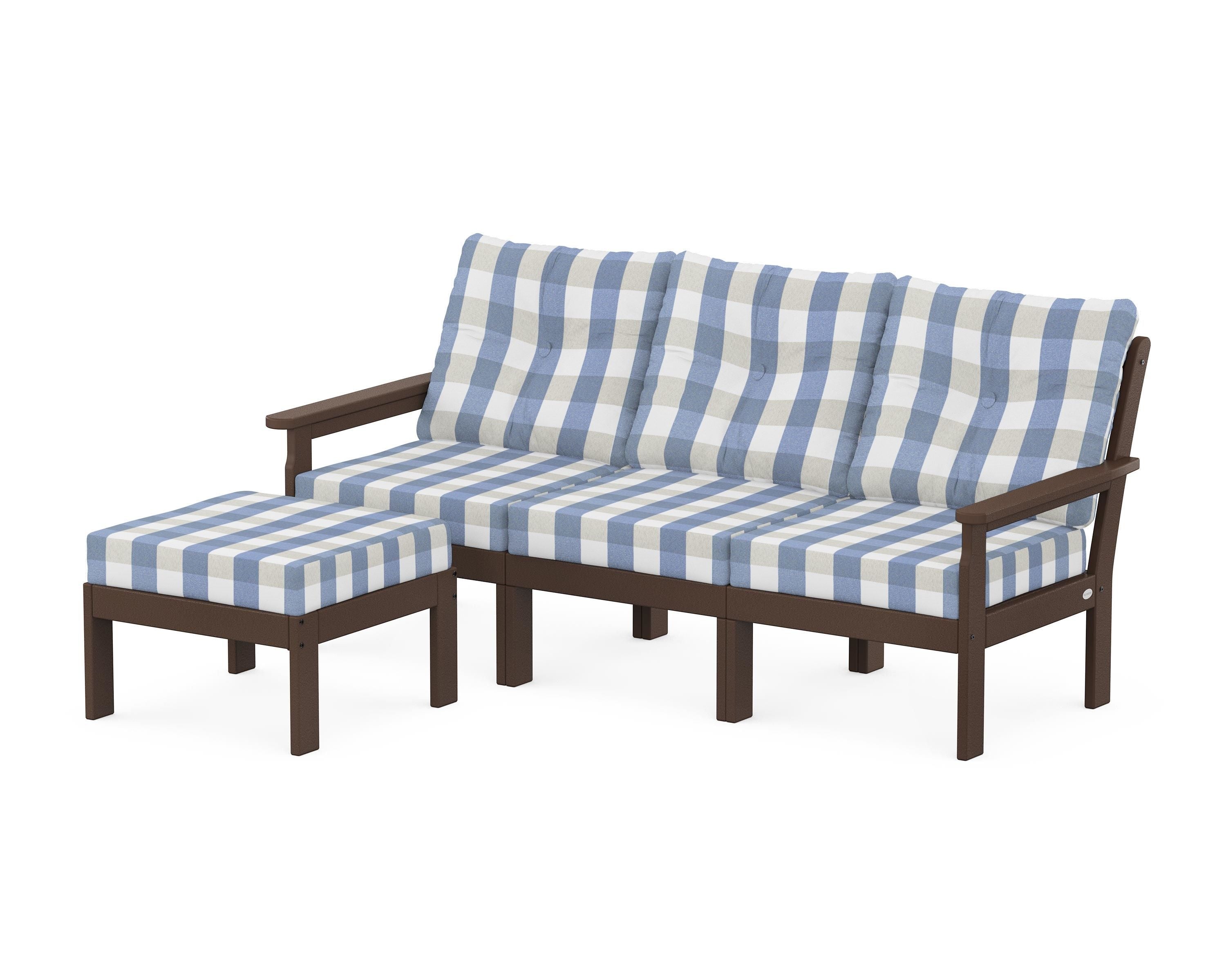 POLYWOOD® Vineyard 4-Piece Sectional with Ottoman in Mahogany / Buffalo Plaid Sky Blue