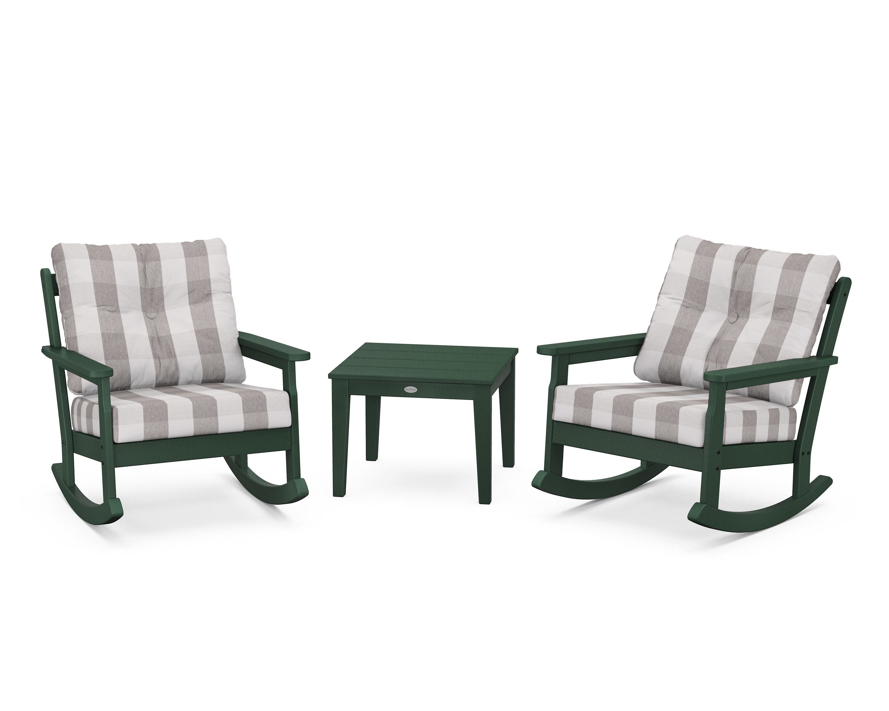 POLYWOOD® Vineyard 3-Piece Deep Seating Rocker Set in Green / Buffalo Plaid Grey Mist