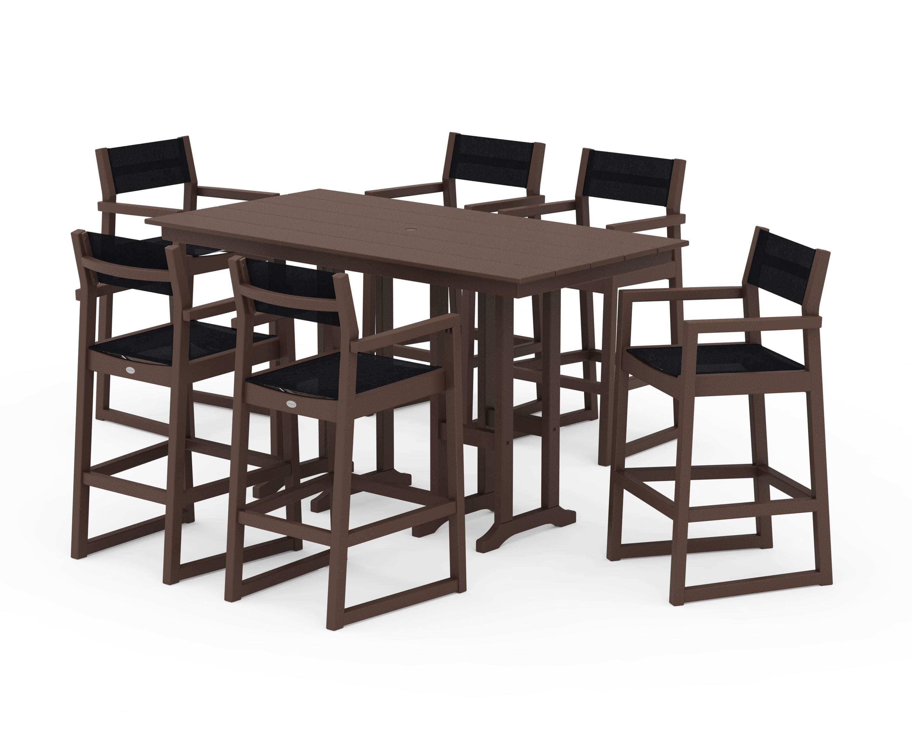 POLYWOOD® EDGE Sling Arm Chair 7-Piece Farmhouse Bar Set in Mahogany / Black Sling