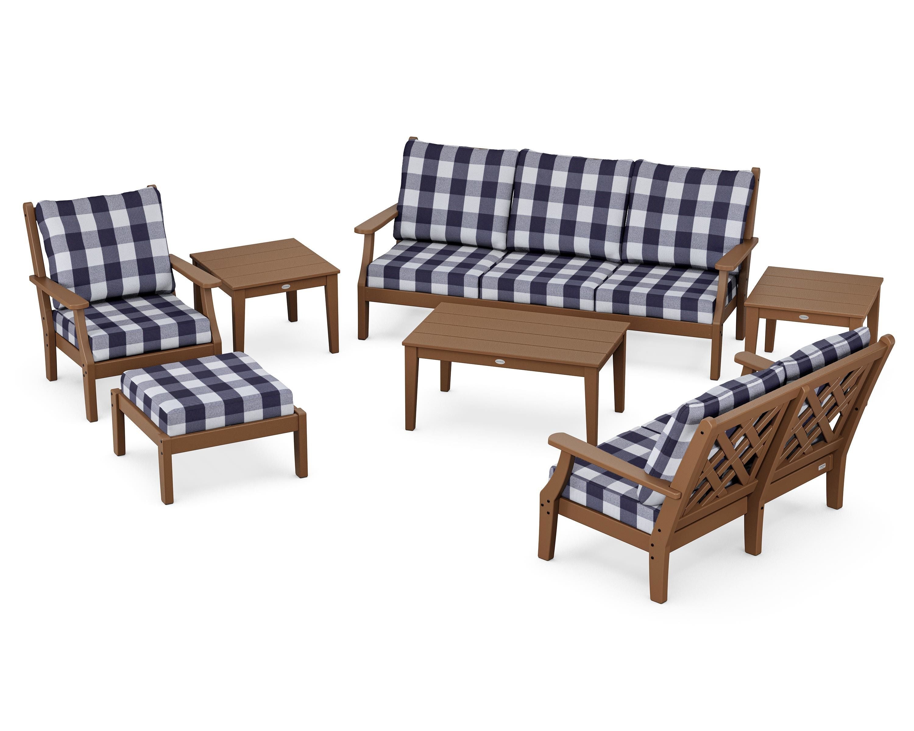 Country Living Wovendale 7-Piece Deep Seating Set in Teak / Buffalo Plaid Navy
