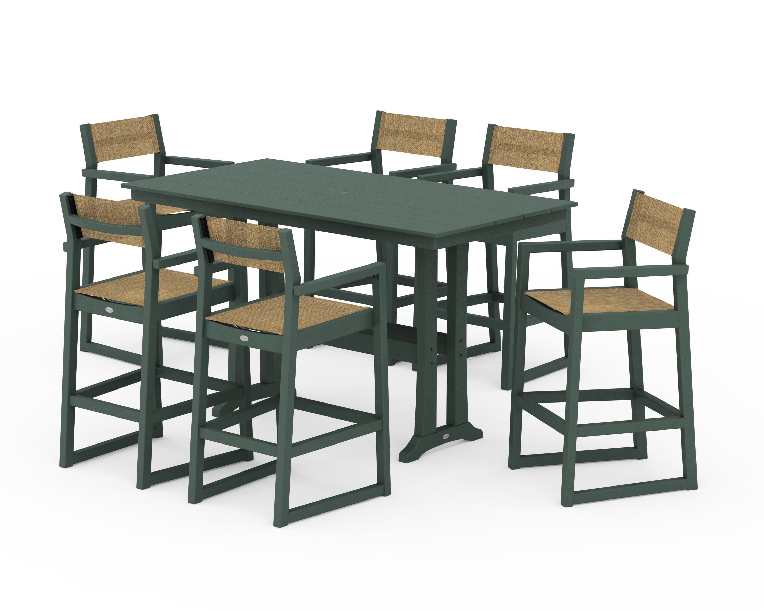 POLYWOOD® EDGE Sling Arm Chair 7-Piece Farmhouse Bar Set with Trestle Legs in Green / Burlap Sling